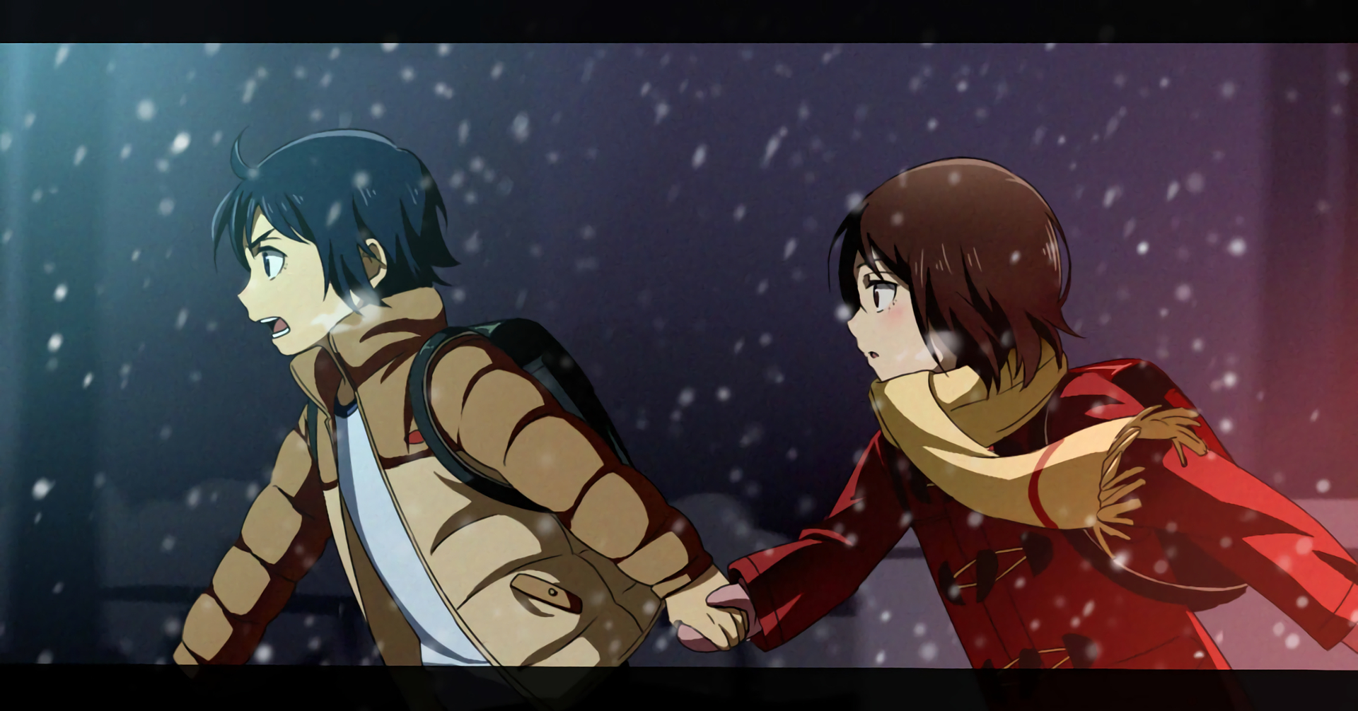 Kayo Hinazuki and Satoru Fujinuma in the snow HD Wallpaper