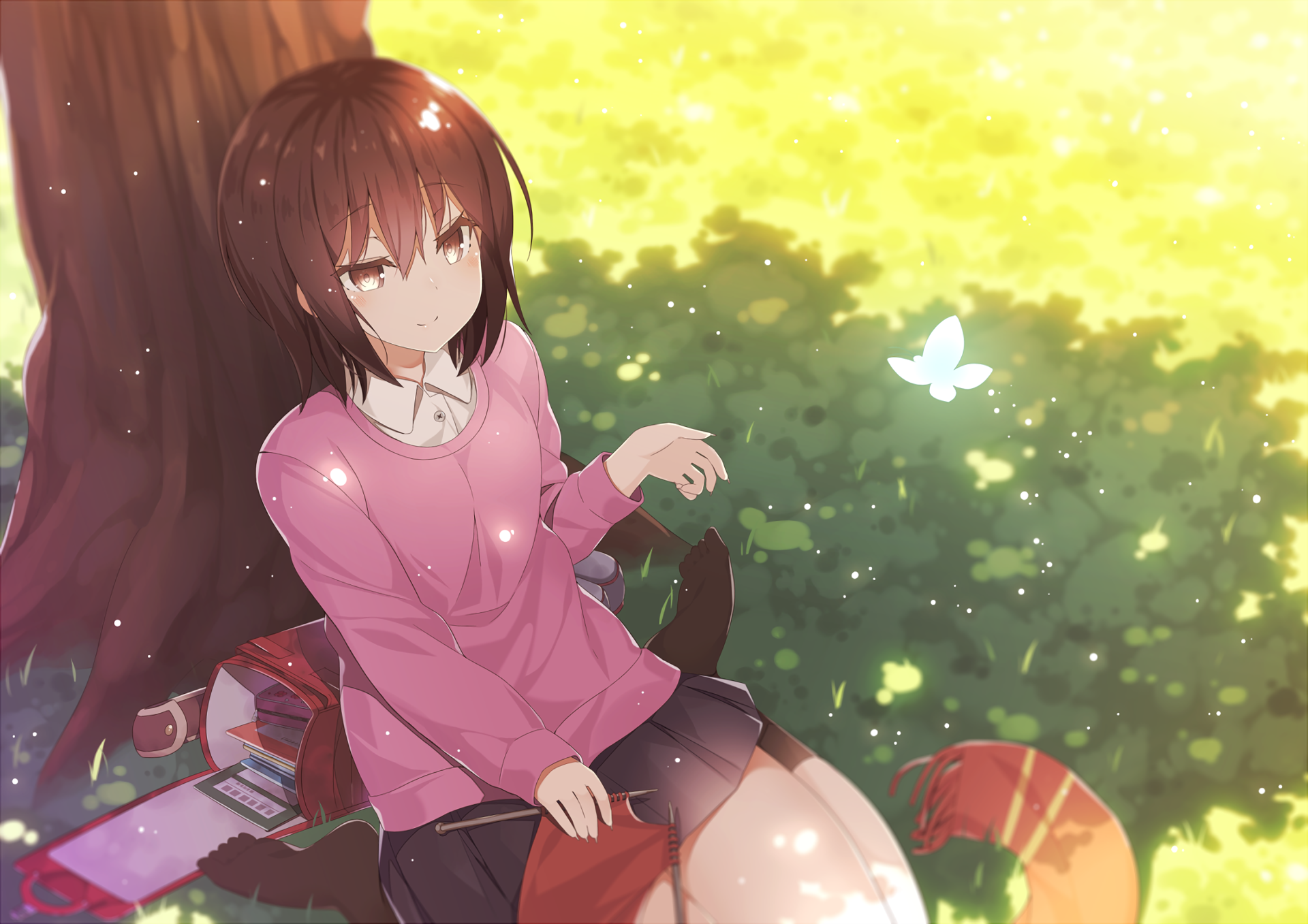 Kayo Hinazuki knitting under a tree HD Wallpaper