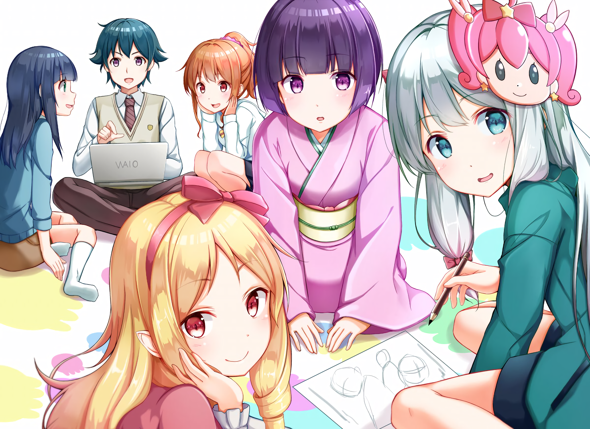 Anime characters drawing and using laptop HD Wallpaper