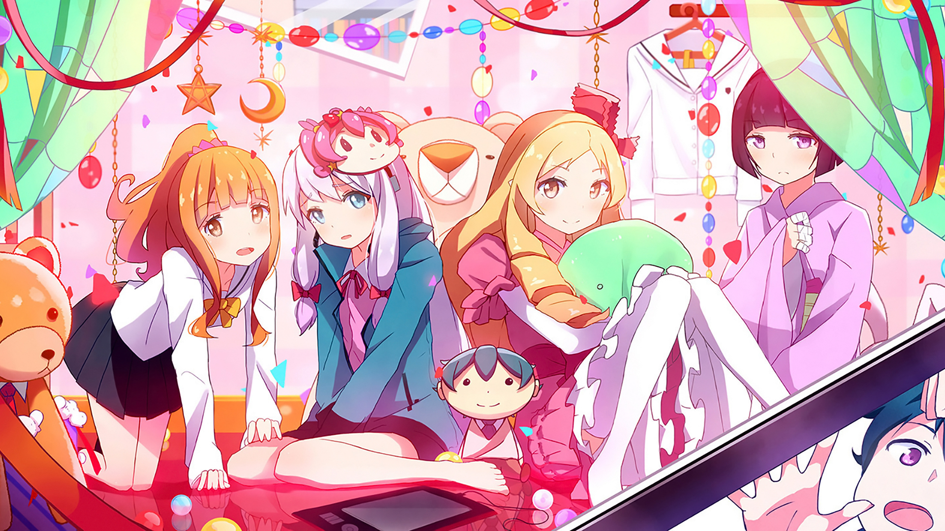 Anime girls with teddy bears and decorations HD Wallpaper