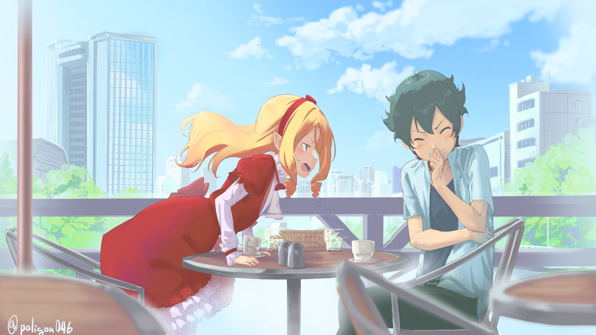 Elf girl and boy at a cafe HD Wallpaper