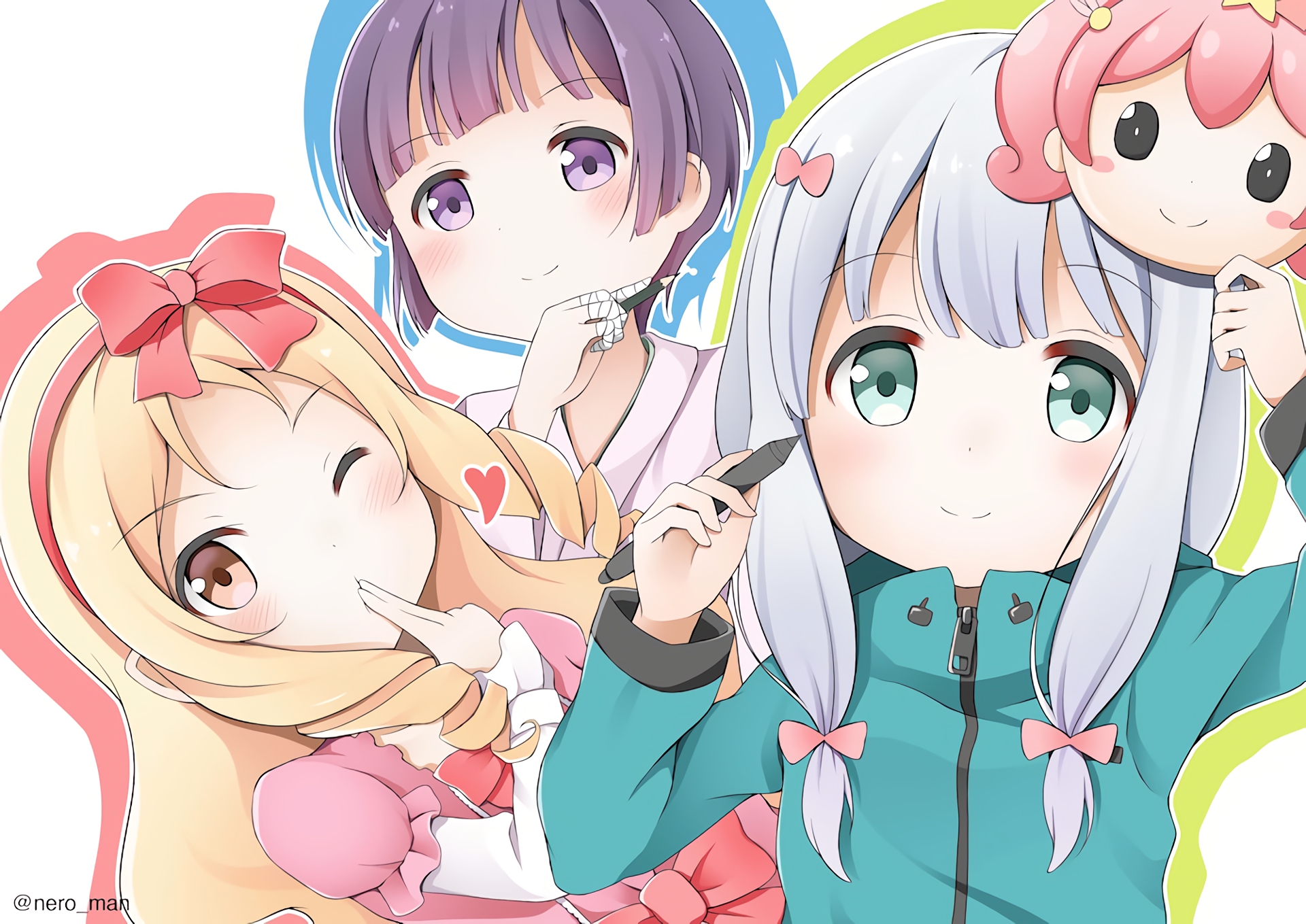 Three anime girls with drawing tools HD Wallpaper