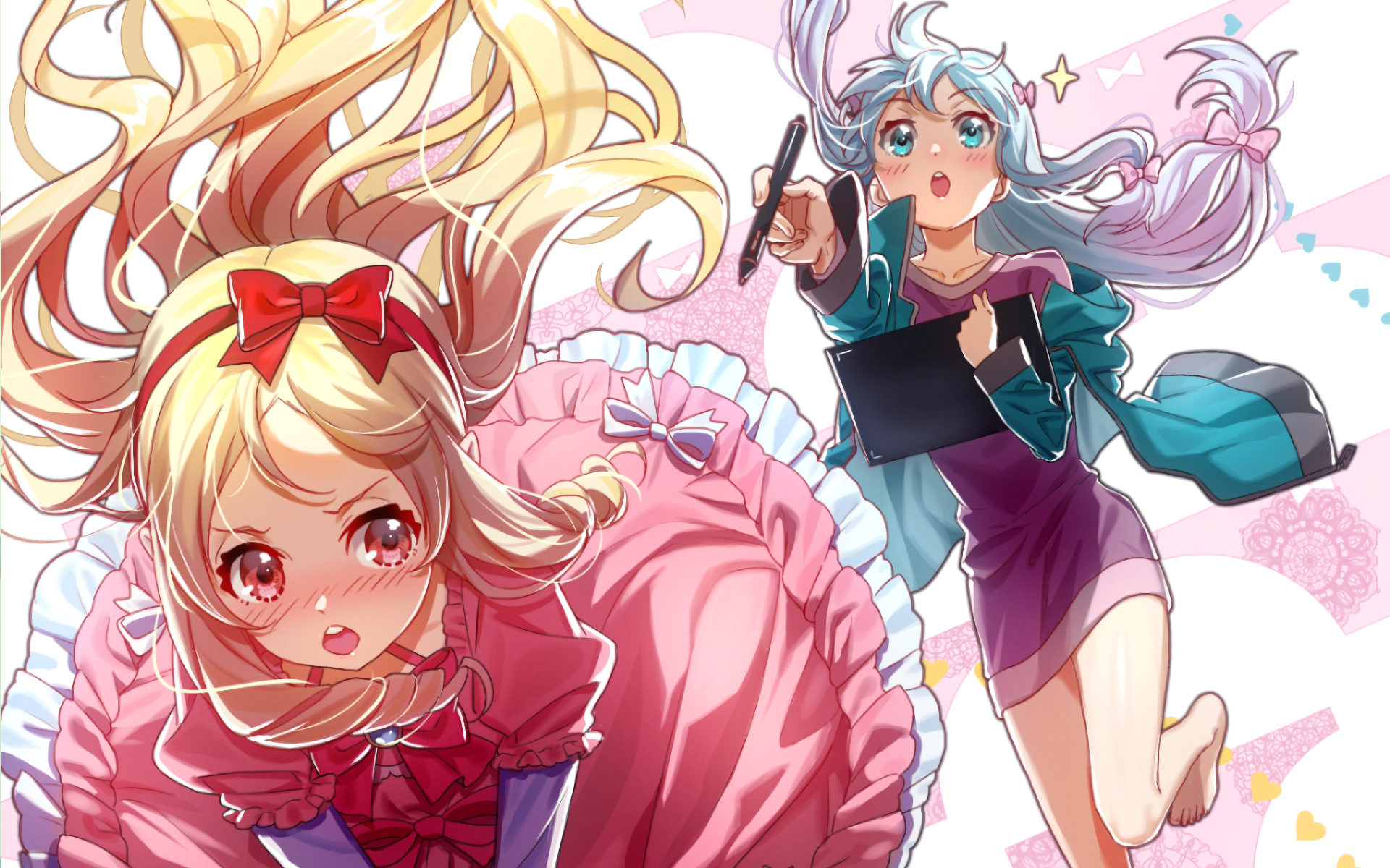 Two anime girls, one in pink dress, one with tablet HD Wallpaper