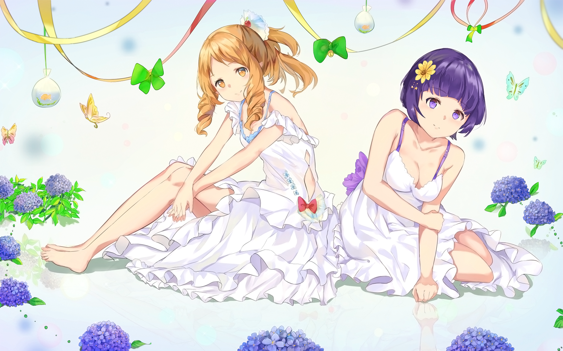 Two anime girls in white dresses with hydrangeas HD Wallpaper