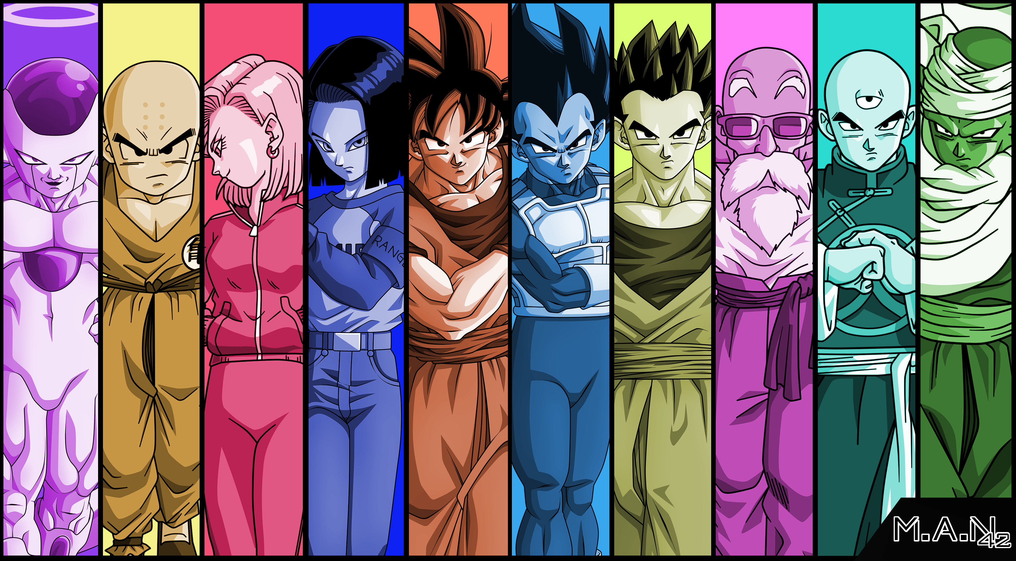 Dragon Ball Z characters Frieza, Krillin, Android 18, Android 17, Goku, Vegeta, Gohan, Master Roshi, Tien Shinhan, and Piccolo HD Wallpaper