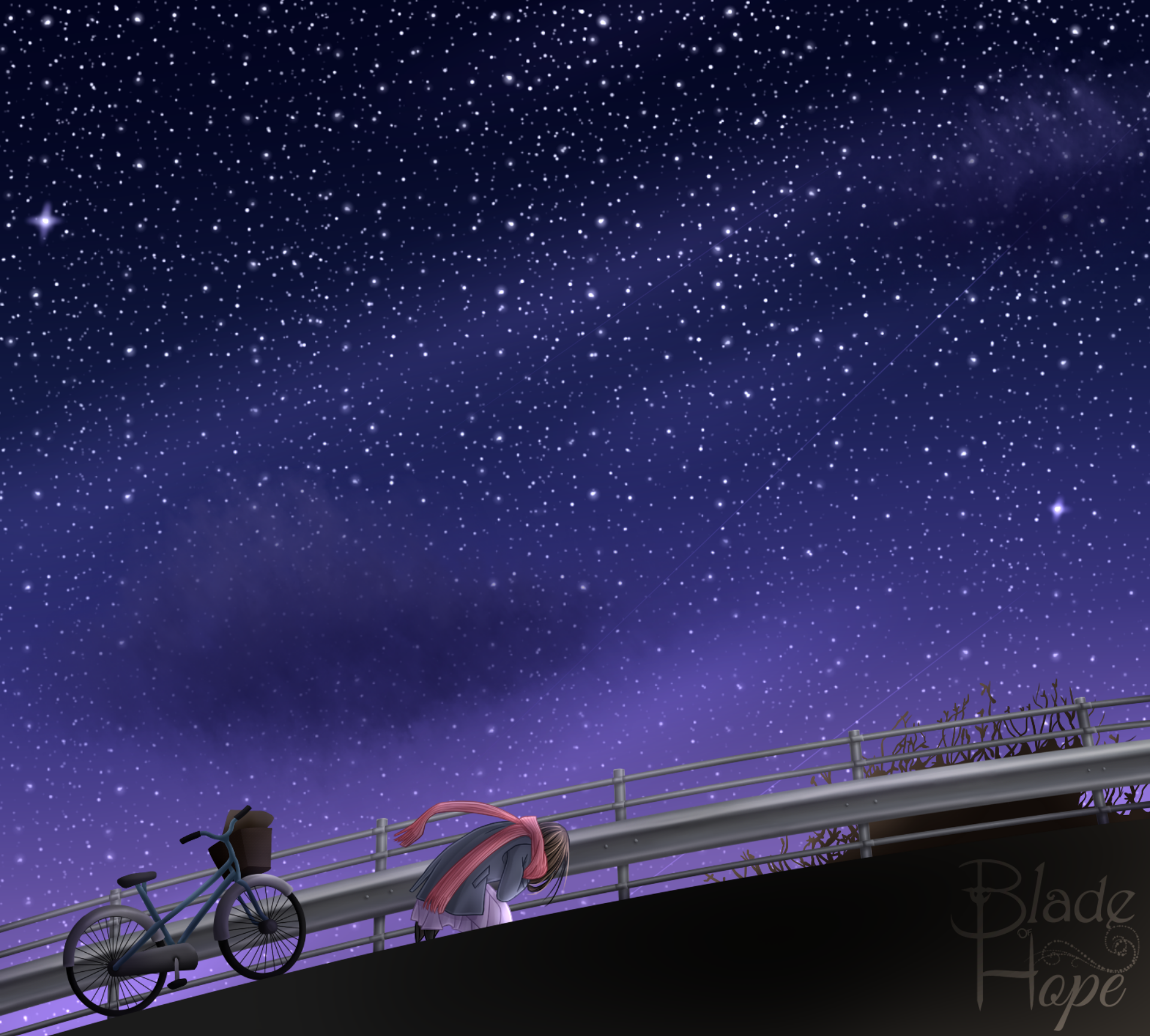 Hiyori Iki on a bridge under the stars HD Wallpaper