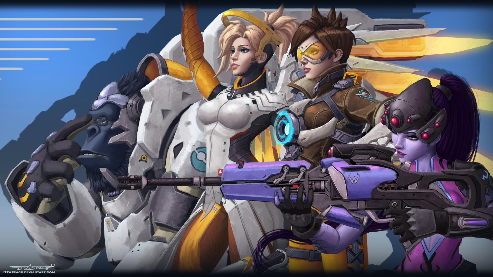 Winston, Mercy, Tracer, and Widowmaker from Overwatch HD Wallpaper
