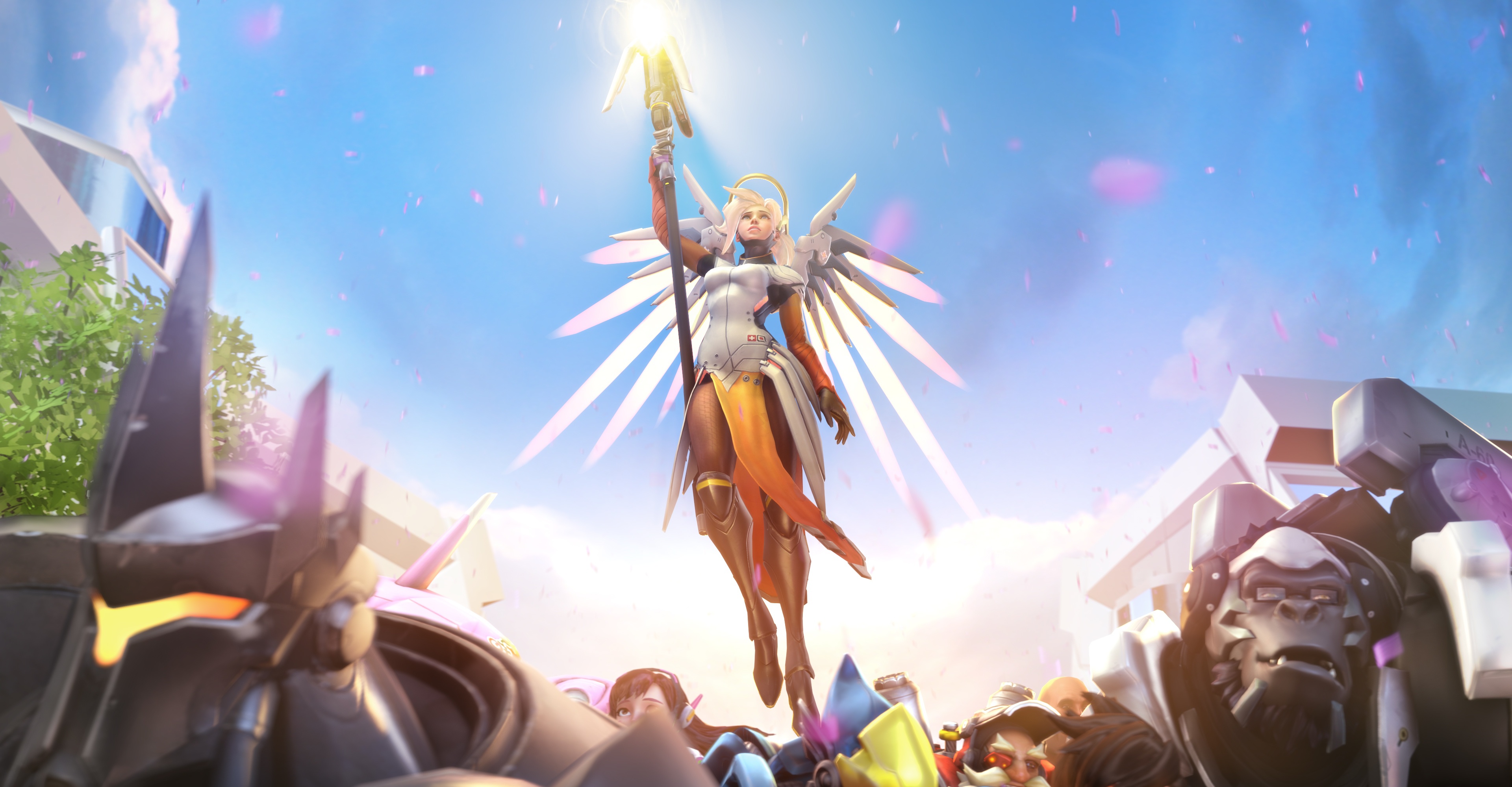 Mercy from Overwatch with Winston and others HD Wallpaper