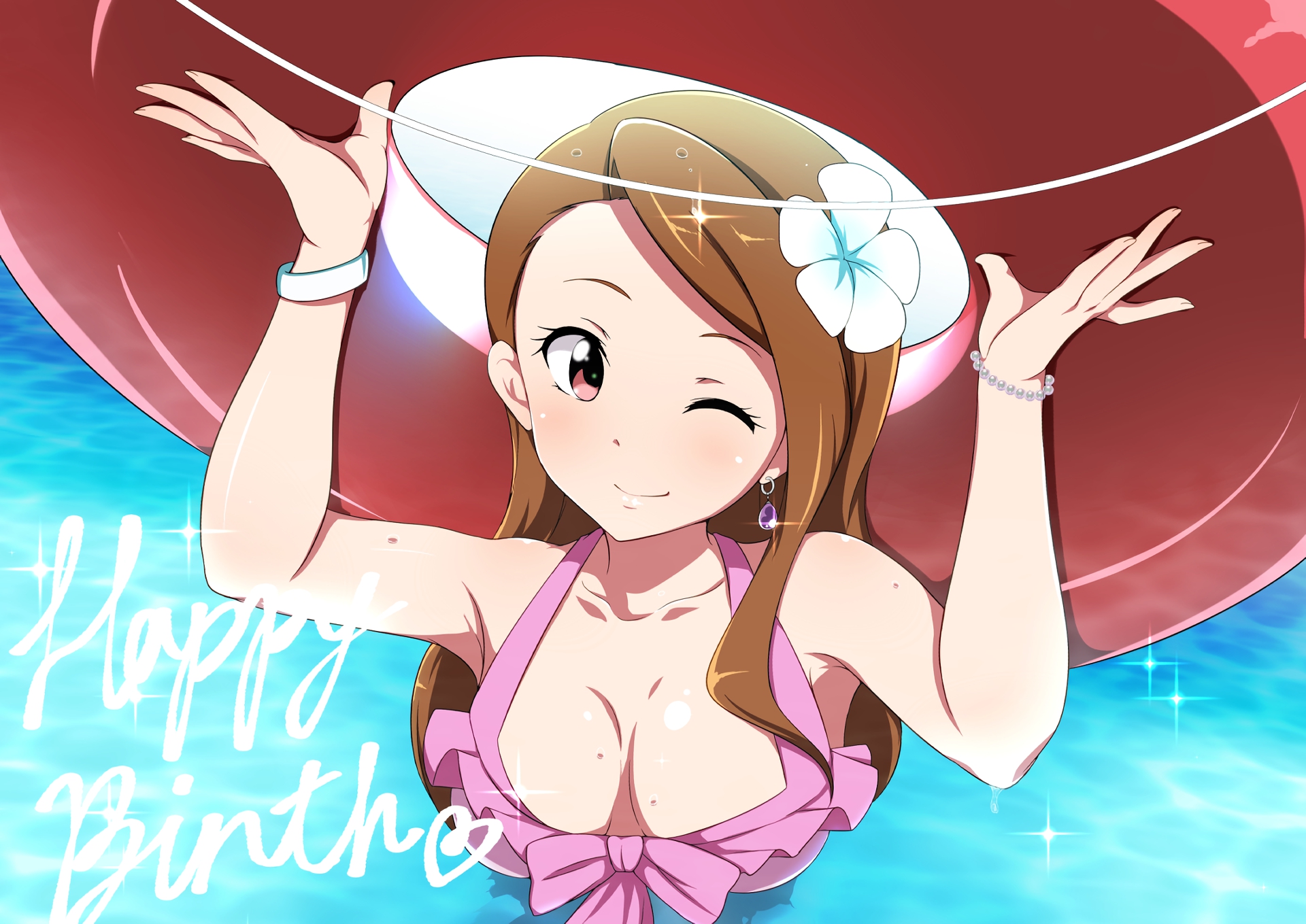Iori Minase in a pink bikini with a float HD Wallpaper