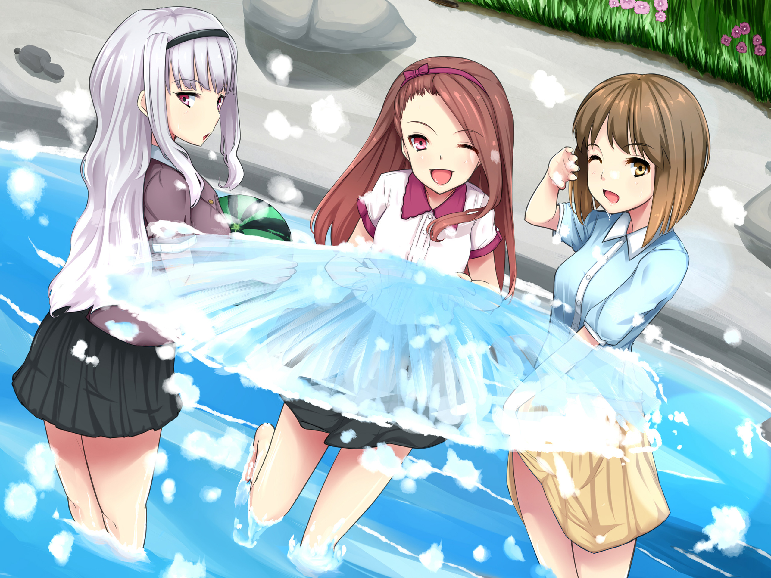 Three girls in a hot spring HD Wallpaper