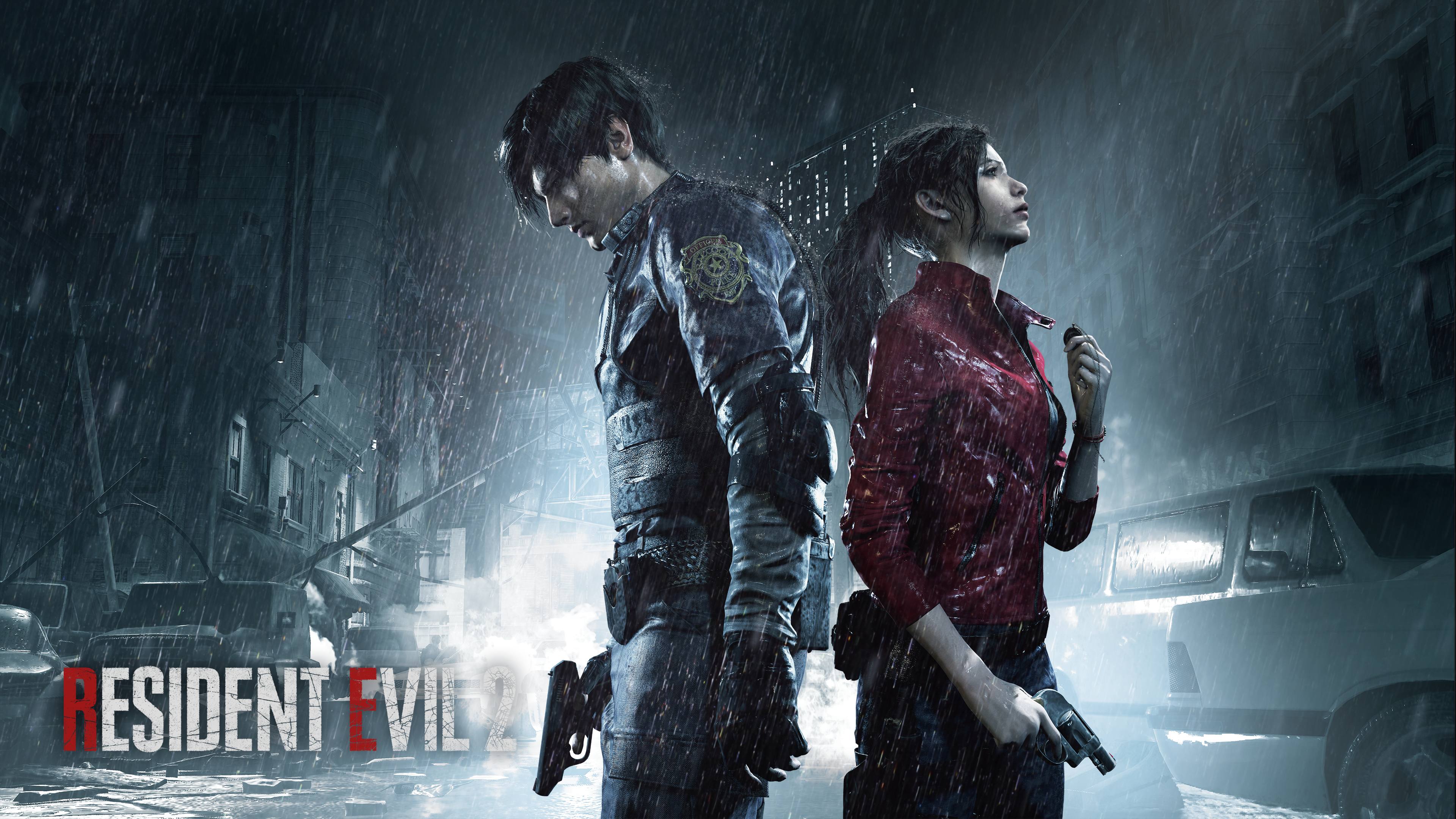 Leon and Claire from Resident Evil 2 in the rain HD Wallpaper