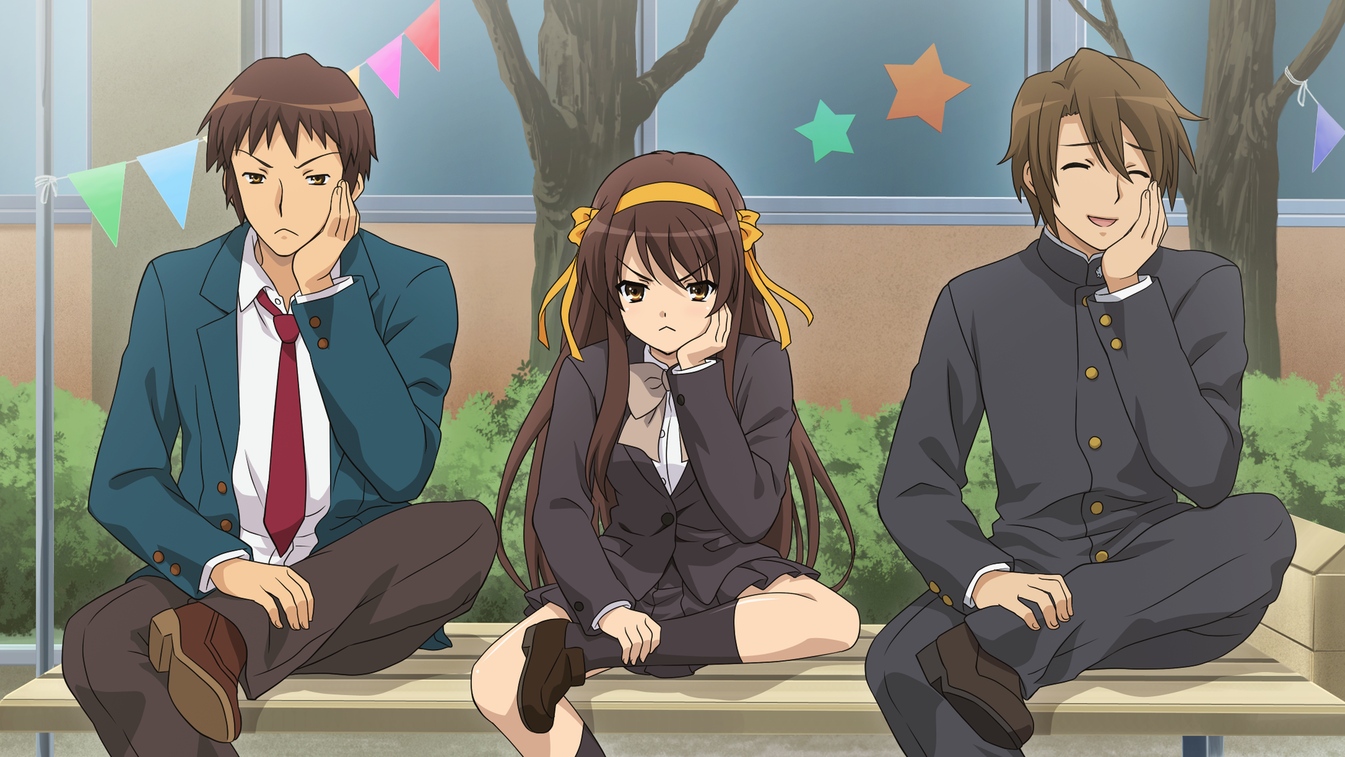 Kyon and friends from The Melancholy of Haruhi Suzumiya HD Wallpaper