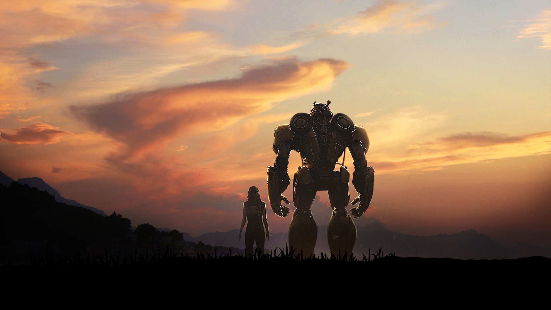 Bumblebee and a girl at sunset HD Wallpaper
