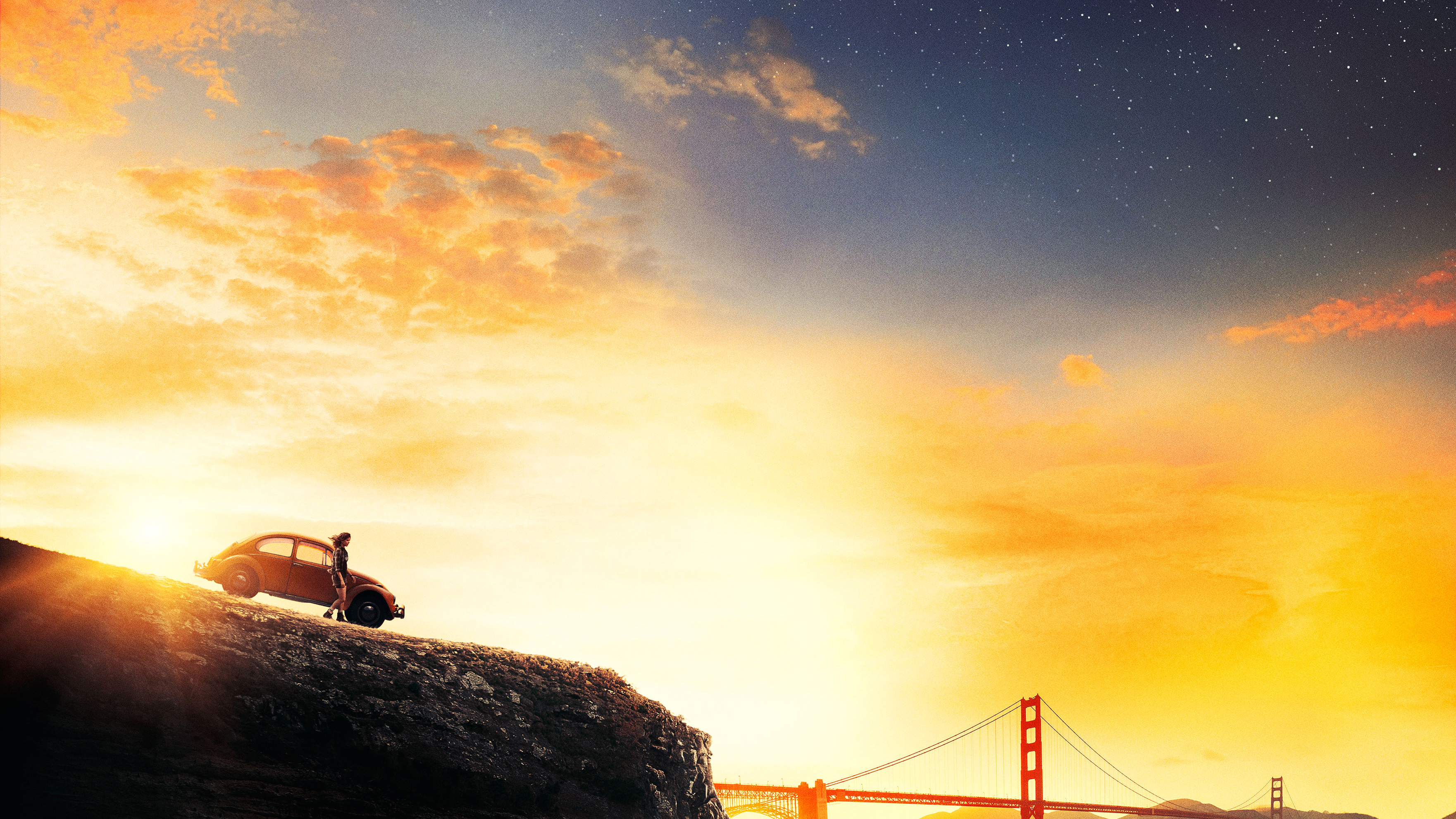 Bumblebee on a cliff overlooking Golden Gate Bridge at sunset HD Wallpaper