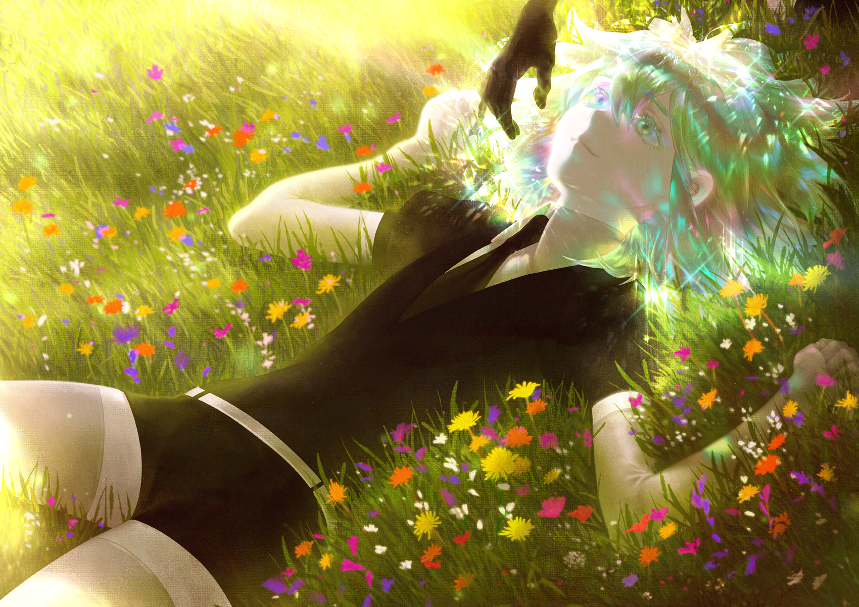 Phos from Houseki no Kuni lying in a field of flowers HD Wallpaper