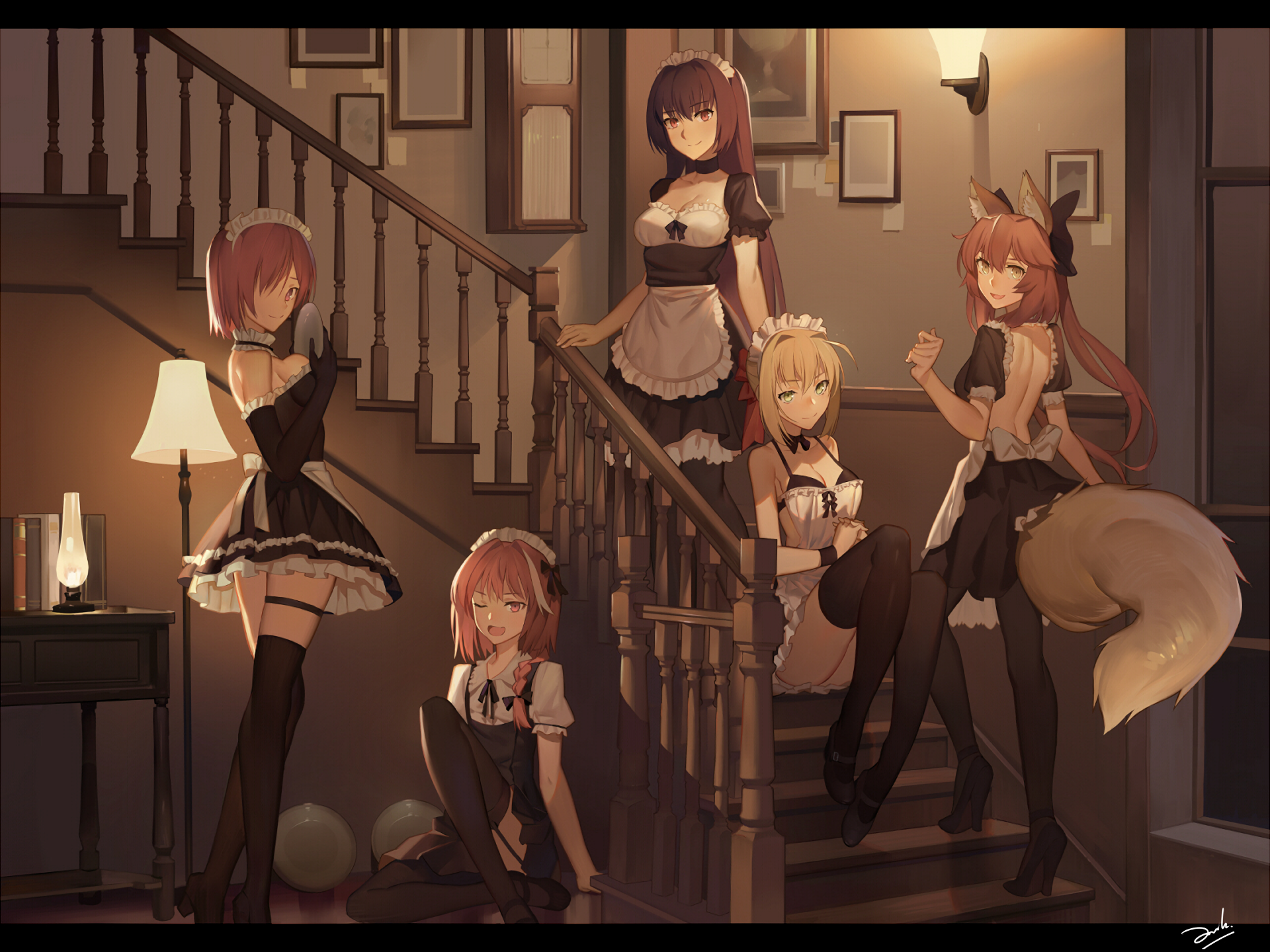 Maid Outfits on Staircase HD Wallpaper