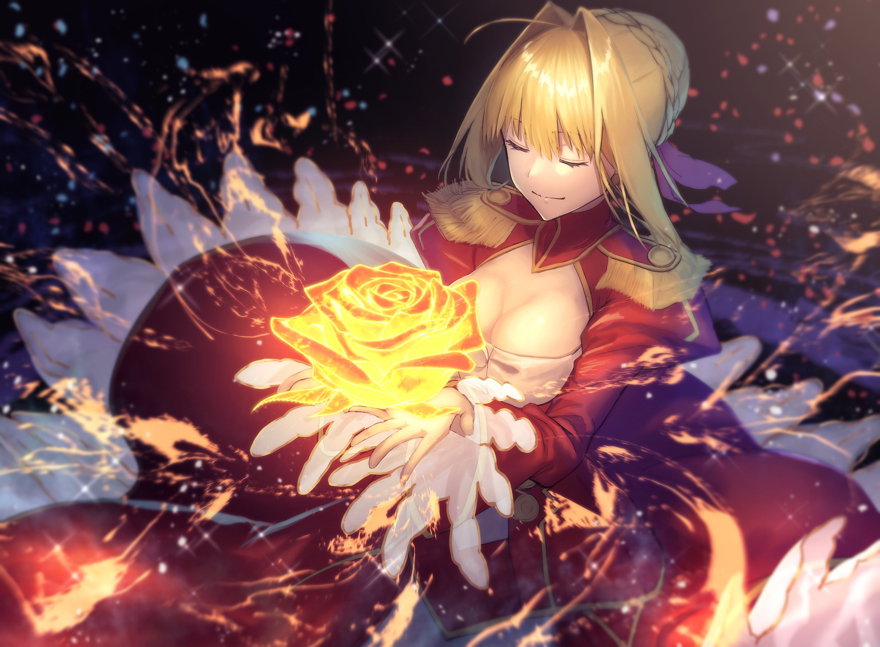 Red Saber holding a glowing rose HD Wallpaper