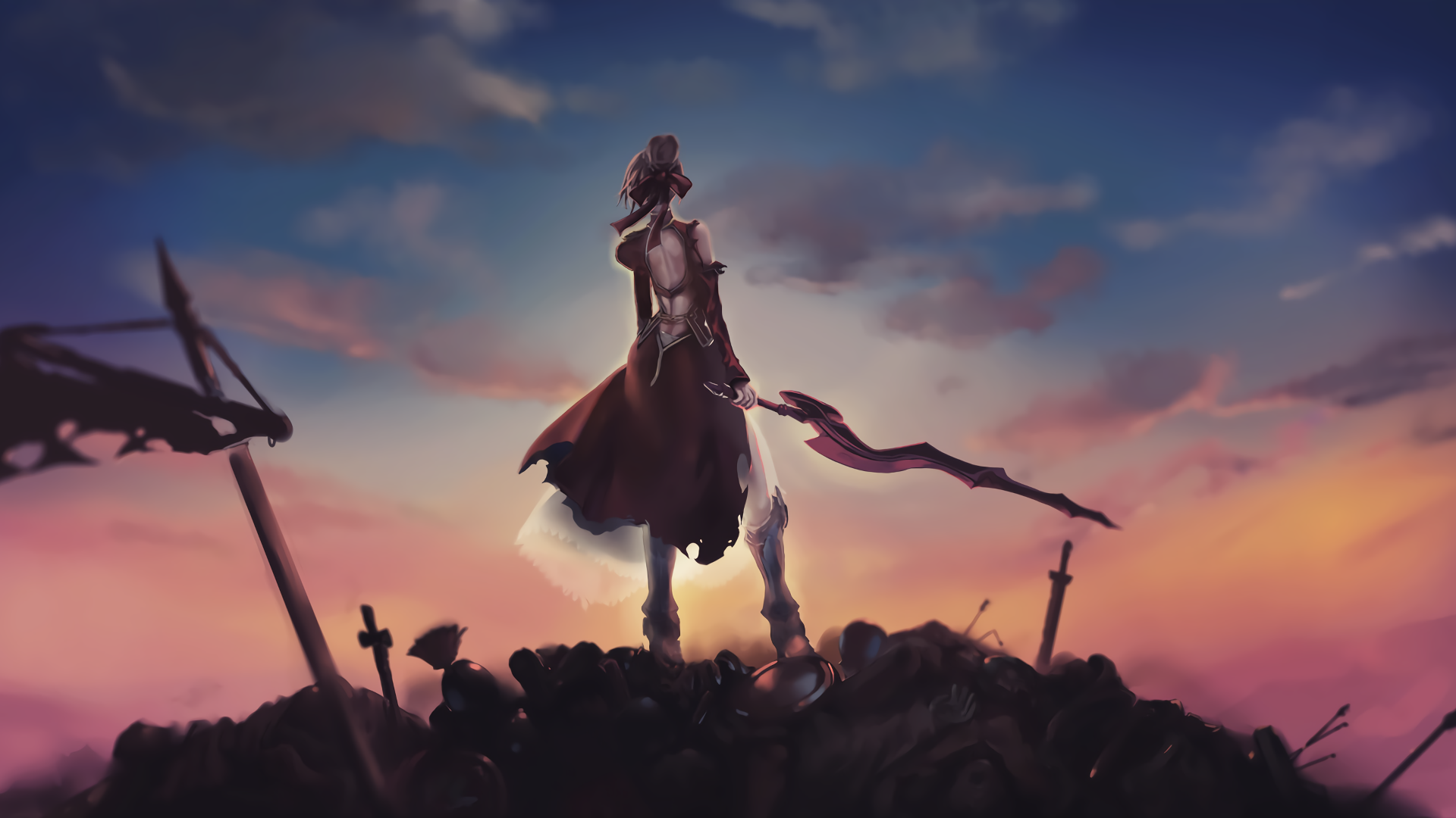 Red Saber standing on battlefield at sunset HD Wallpaper