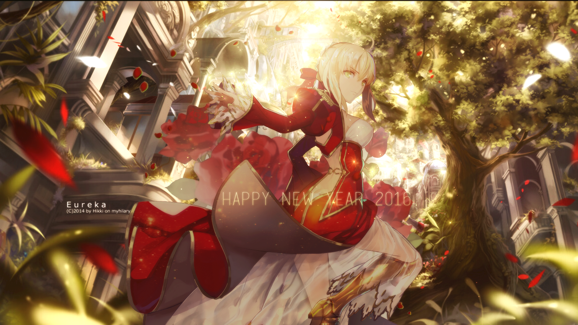 Red Saber from Fate/stay night Happy New Year 2016 HD Wallpaper