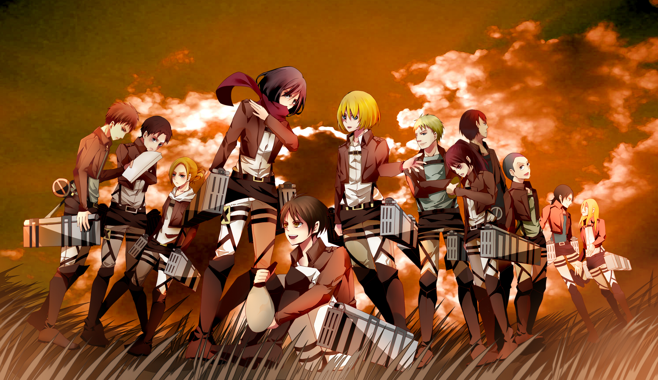 Attack on Titan characters in a field HD Wallpaper