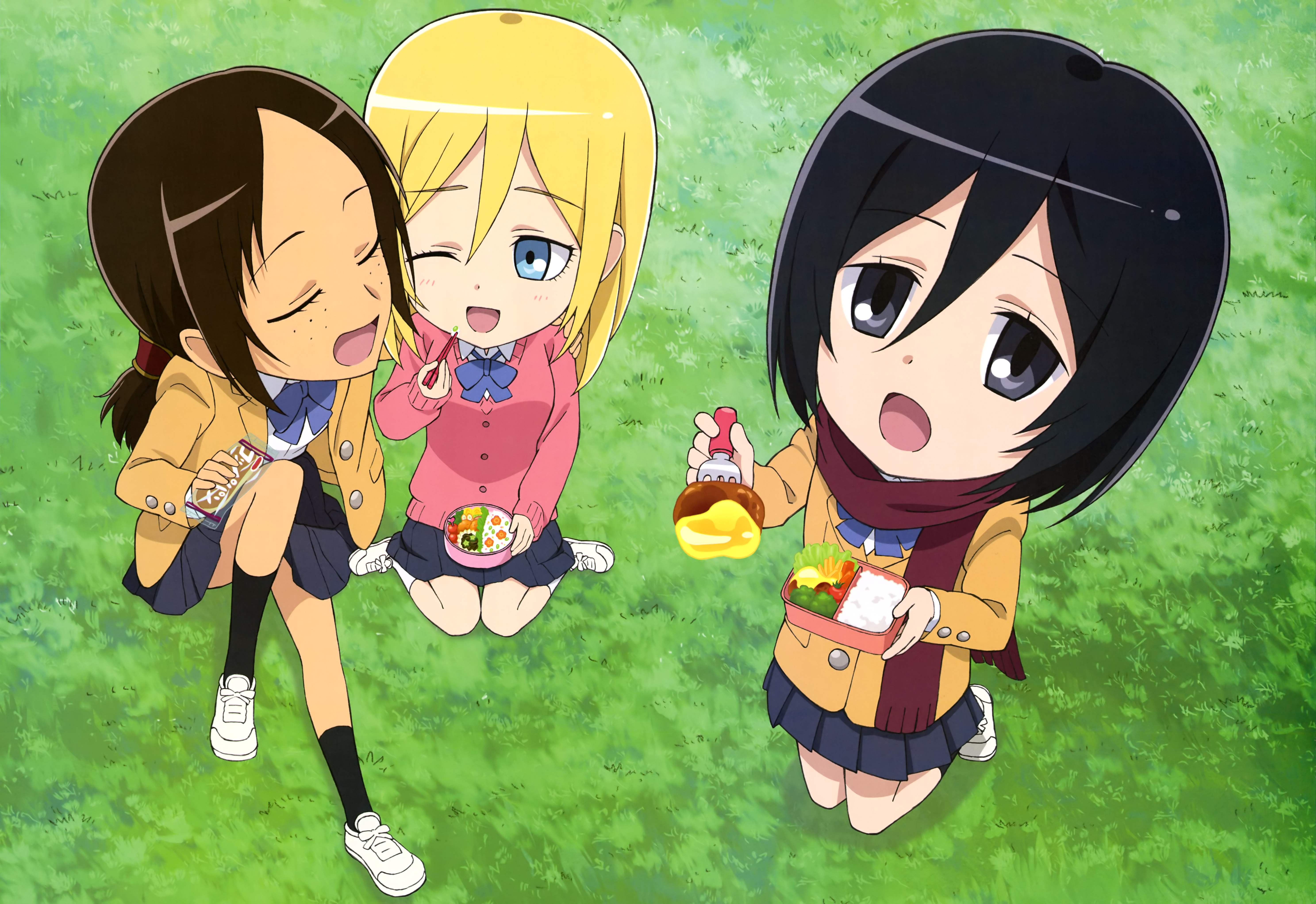 Chibi characters from Attack on Titan eating lunch HD Wallpaper