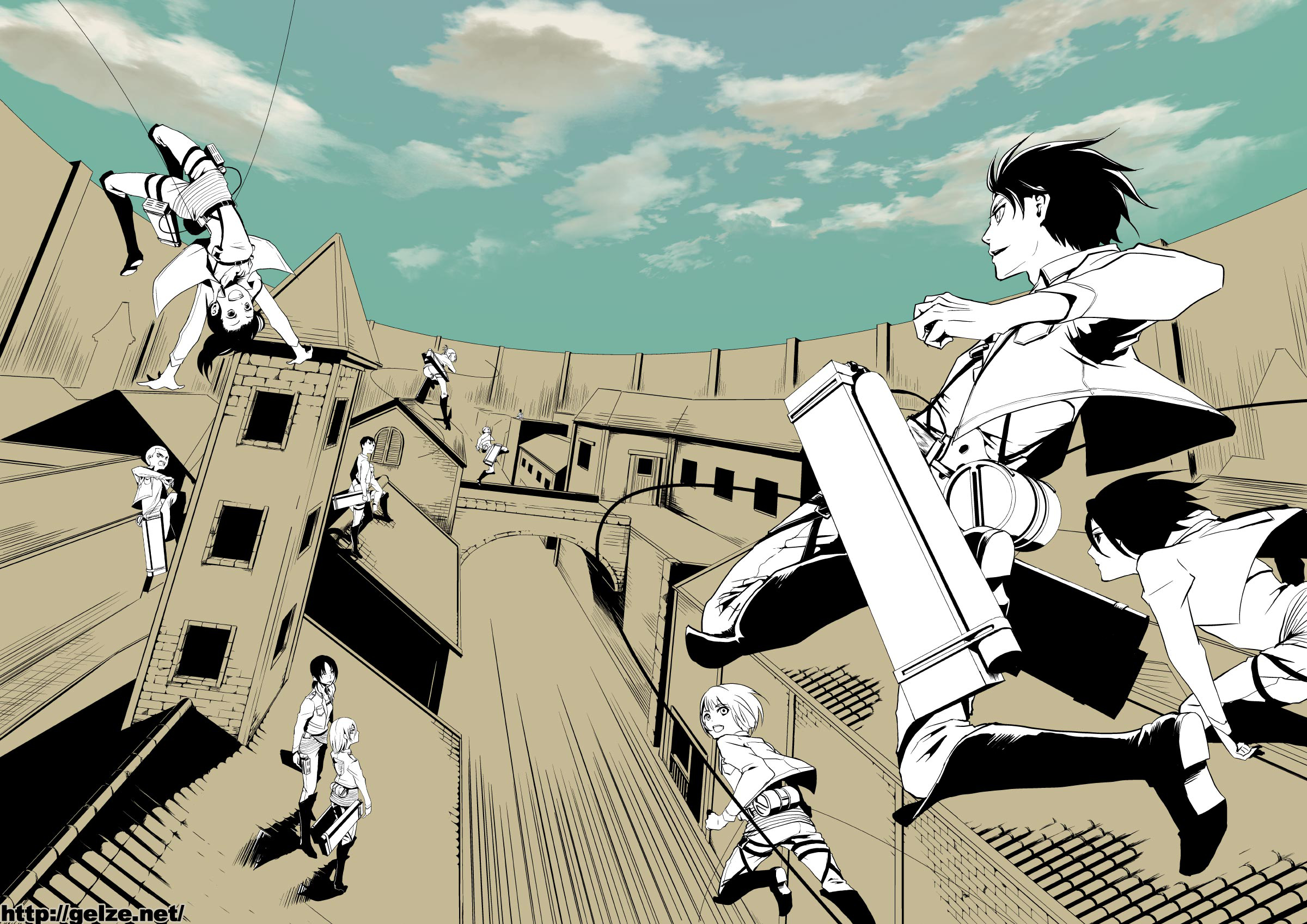 Attack on Titan characters in a walled city HD Wallpaper