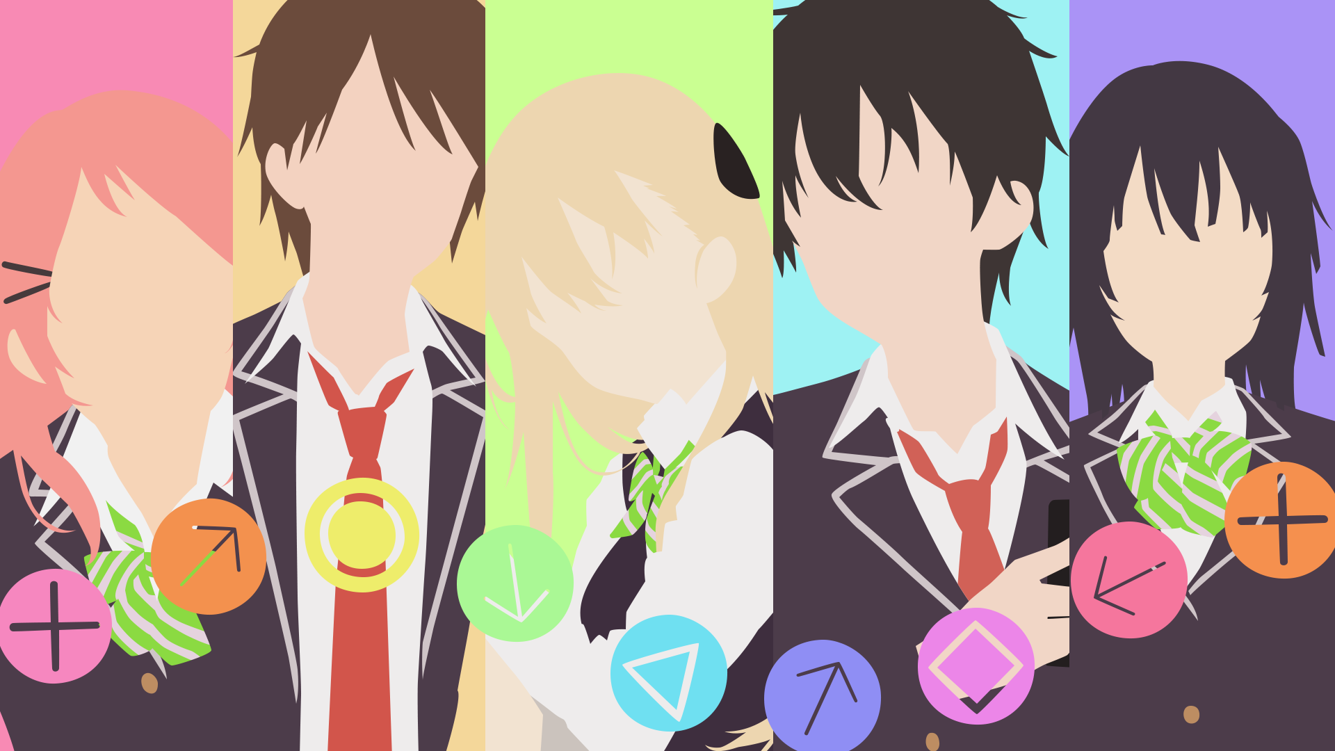 5 anime characters with game controller buttons HD Wallpaper