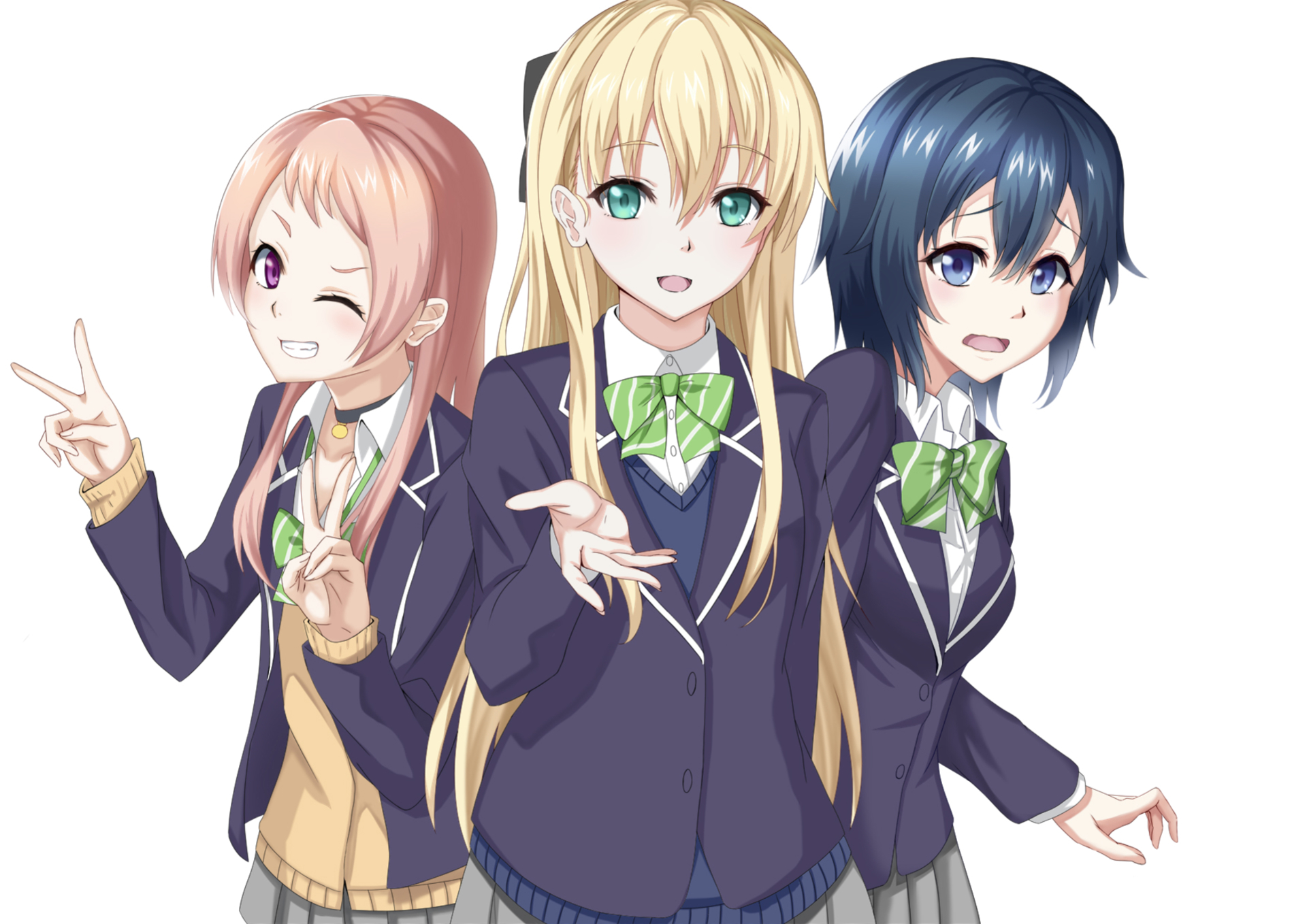 Three anime girls in school uniforms HD Wallpaper