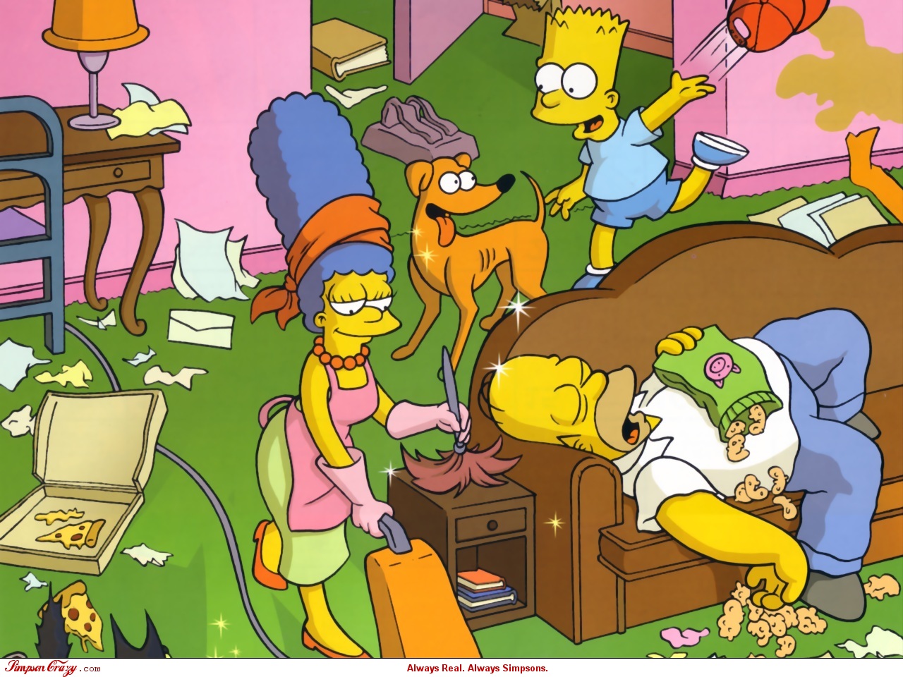 Marge Simpson and family cleaning a messy room HD Wallpaper