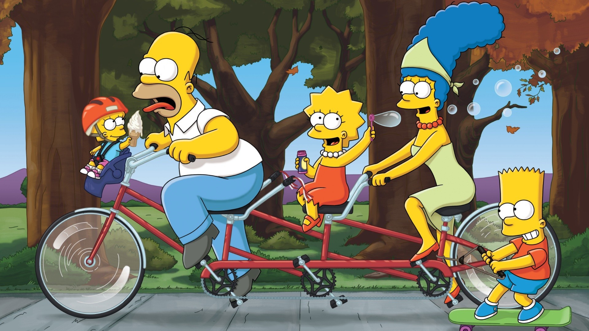 The Simpsons Family on a Tandem Bicycle HD Wallpaper
