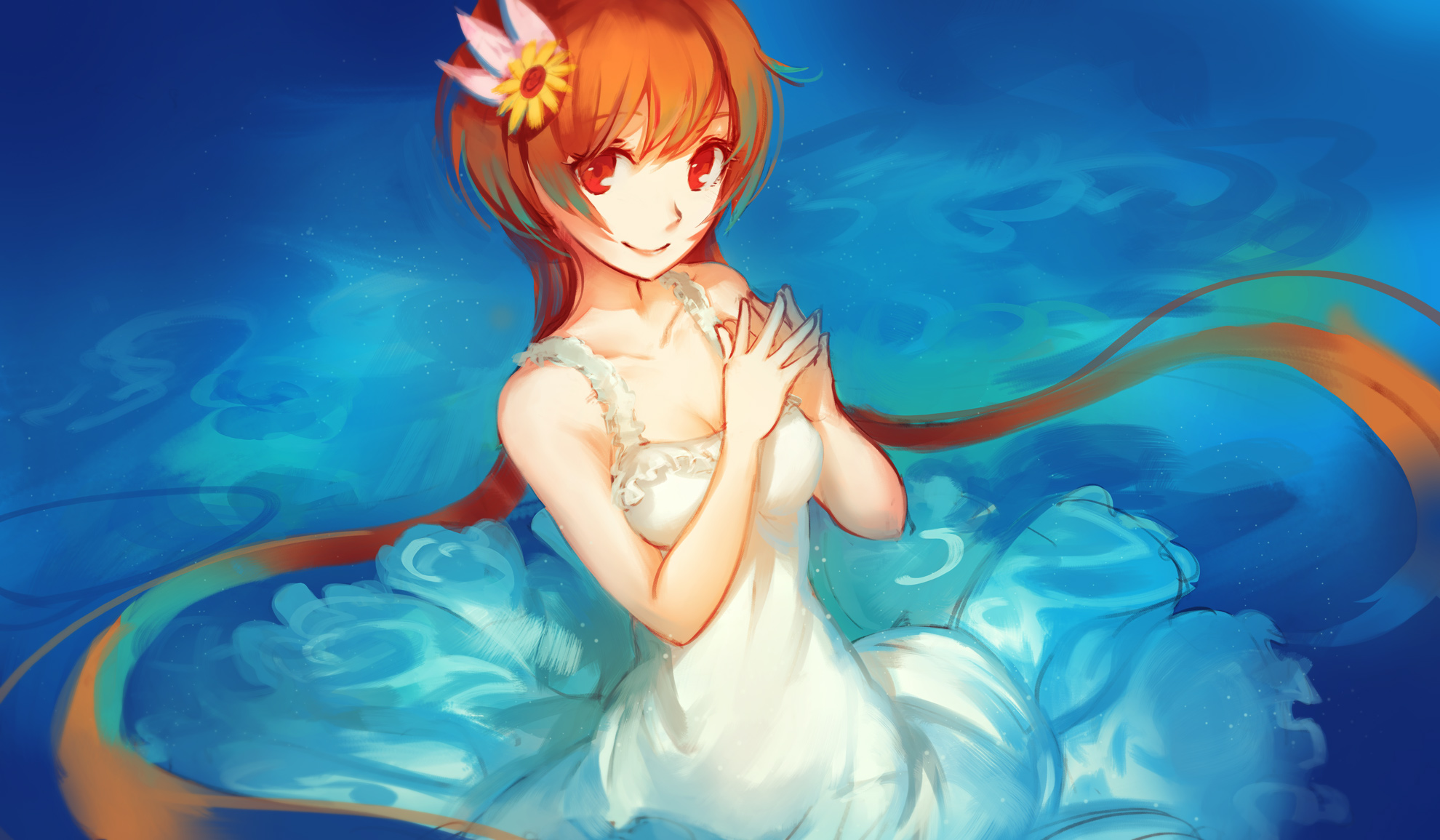 Marika Tachibana in a white dress in blue water HD Wallpaper