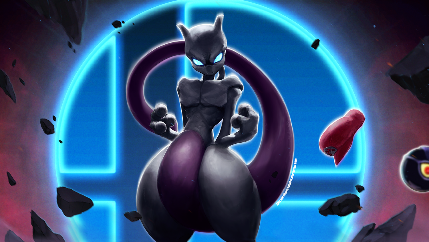 Mewtwo from Pokémon in front of Smash Bros. logo HD Wallpaper