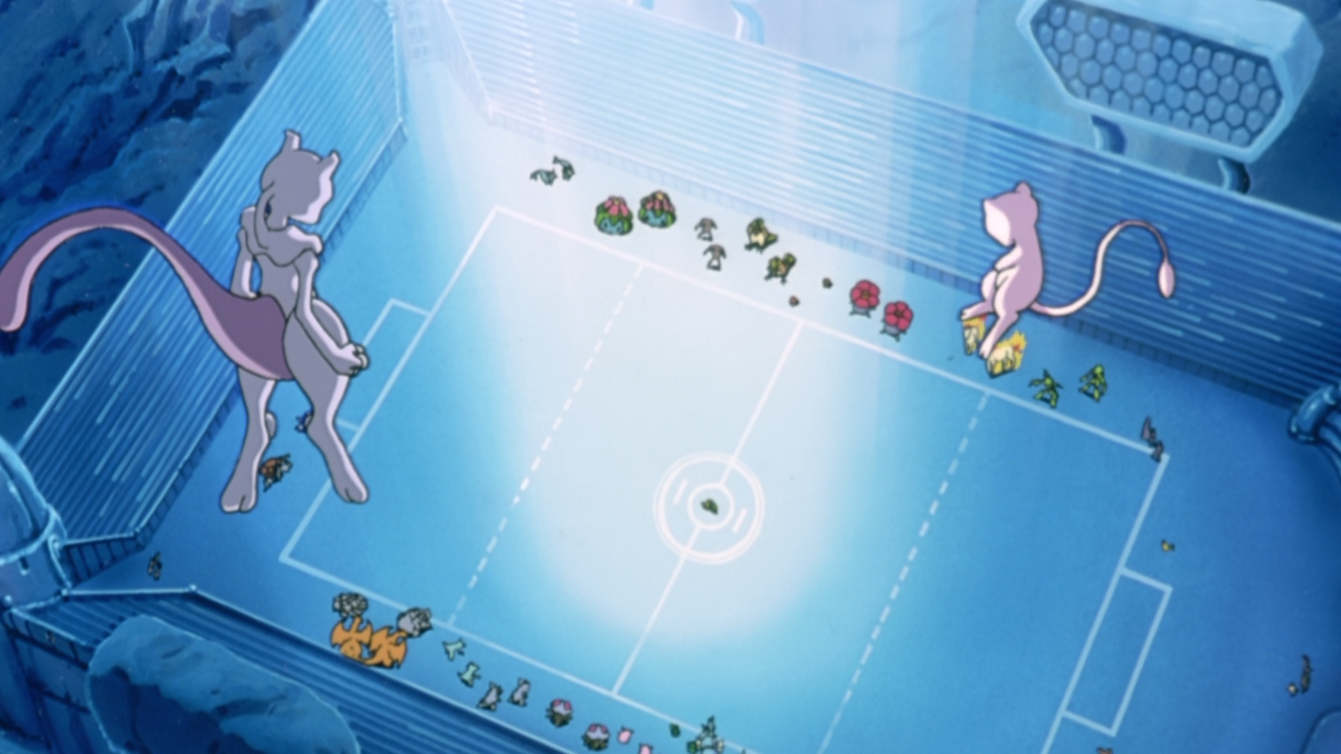 Mewtwo and Mew from Pokémon in a stadium HD Wallpaper