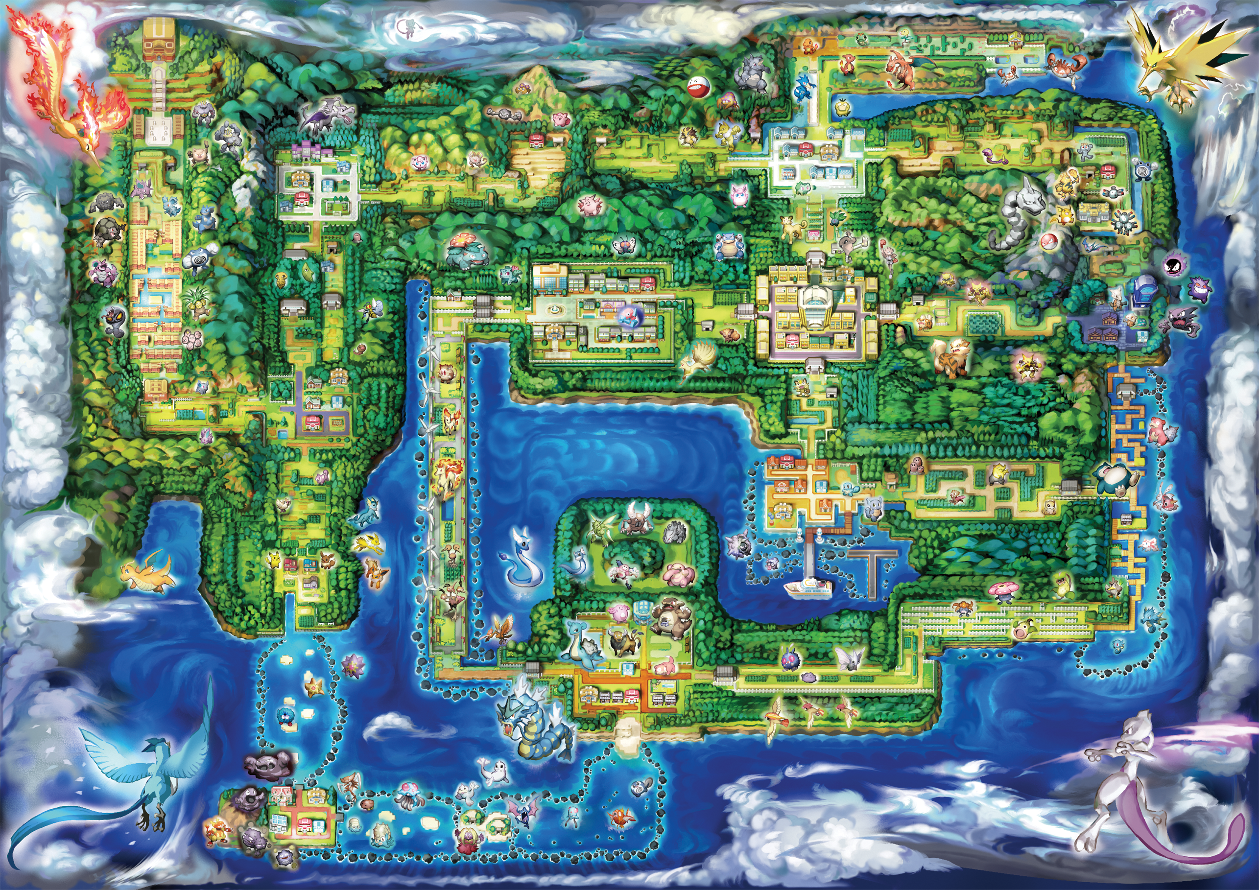 Map of Kanto region from Pokémon with Mewtwo HD Wallpaper