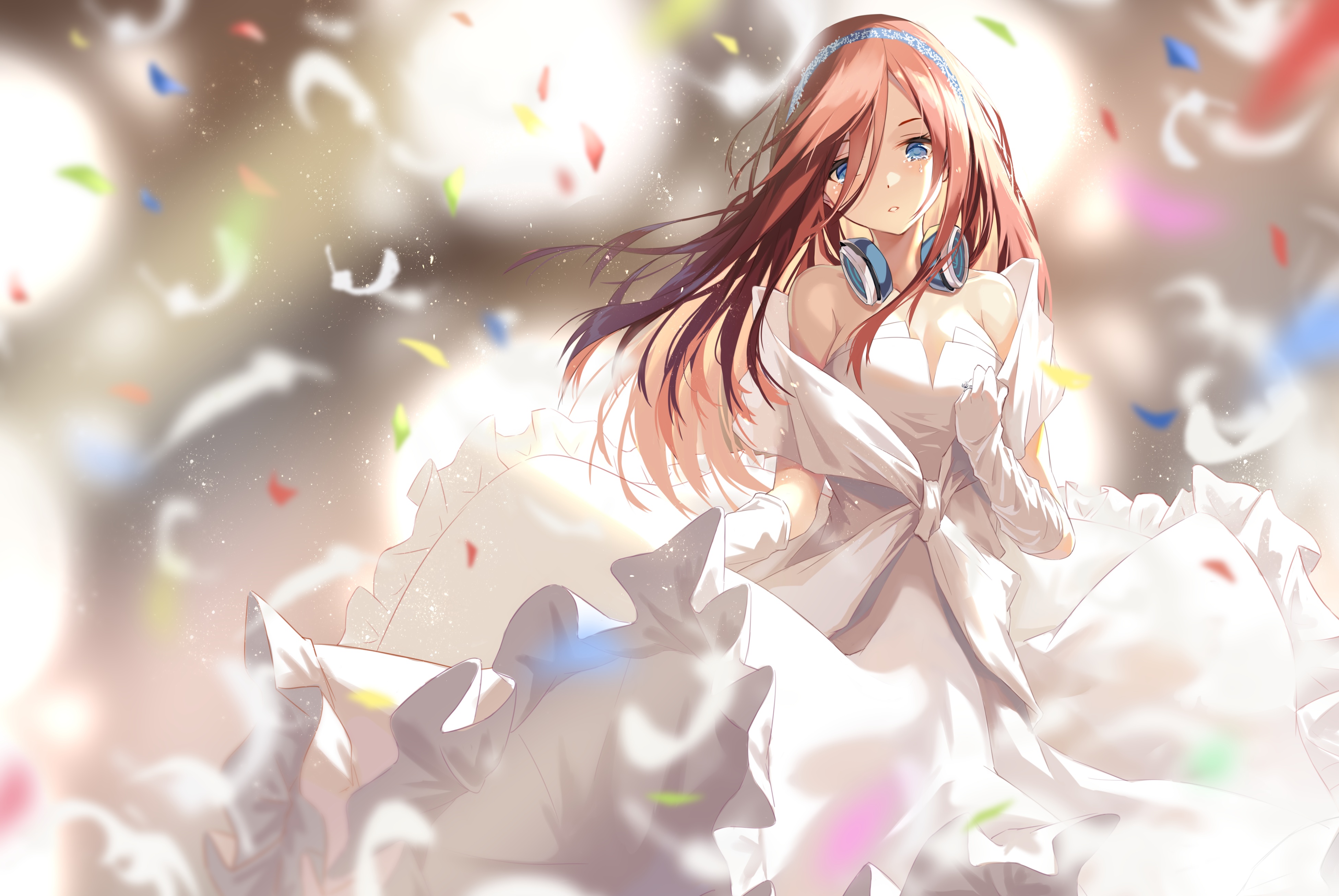 Miku Nakano in a white dress with headphones HD Wallpaper
