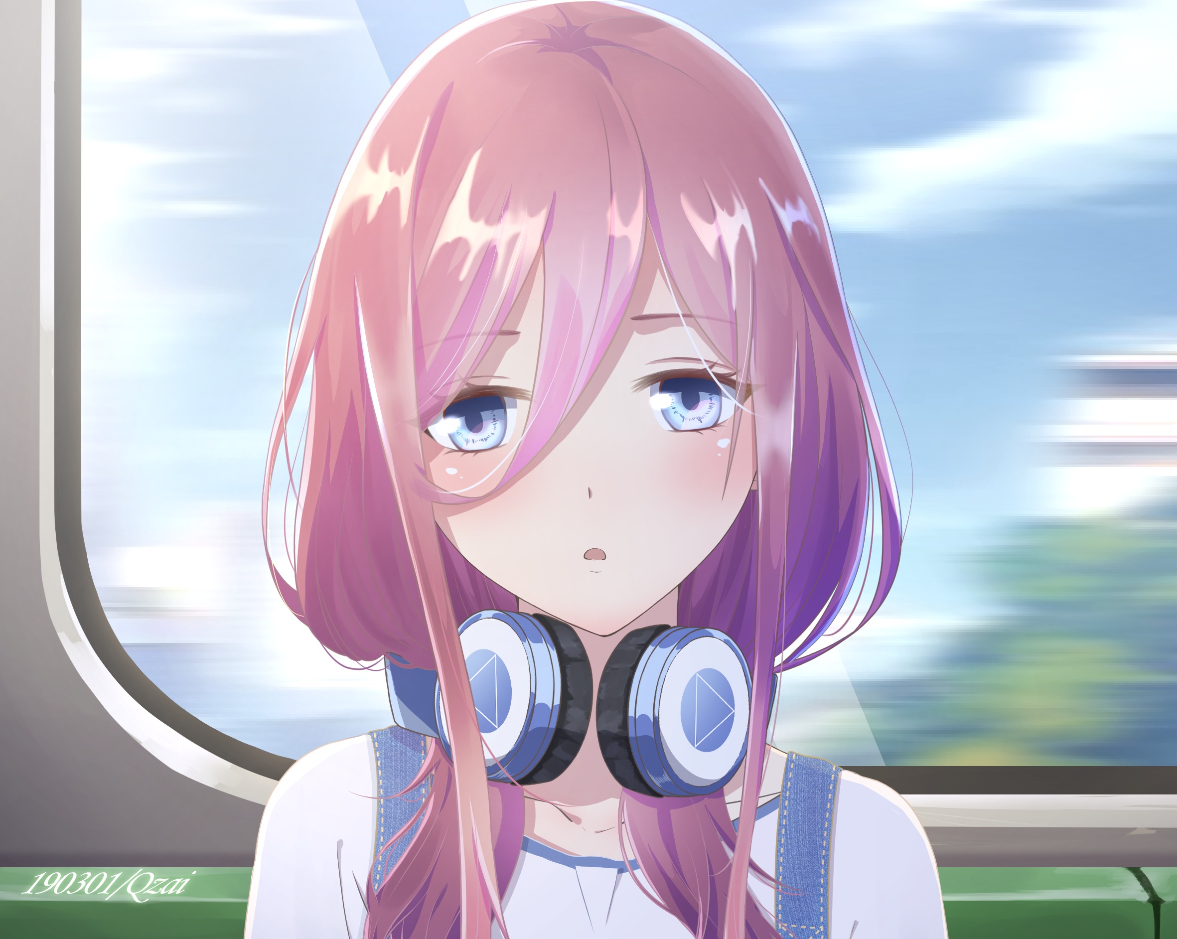 Thoughtful Miku Nakano with Headphones on Train HD Wallpaper
