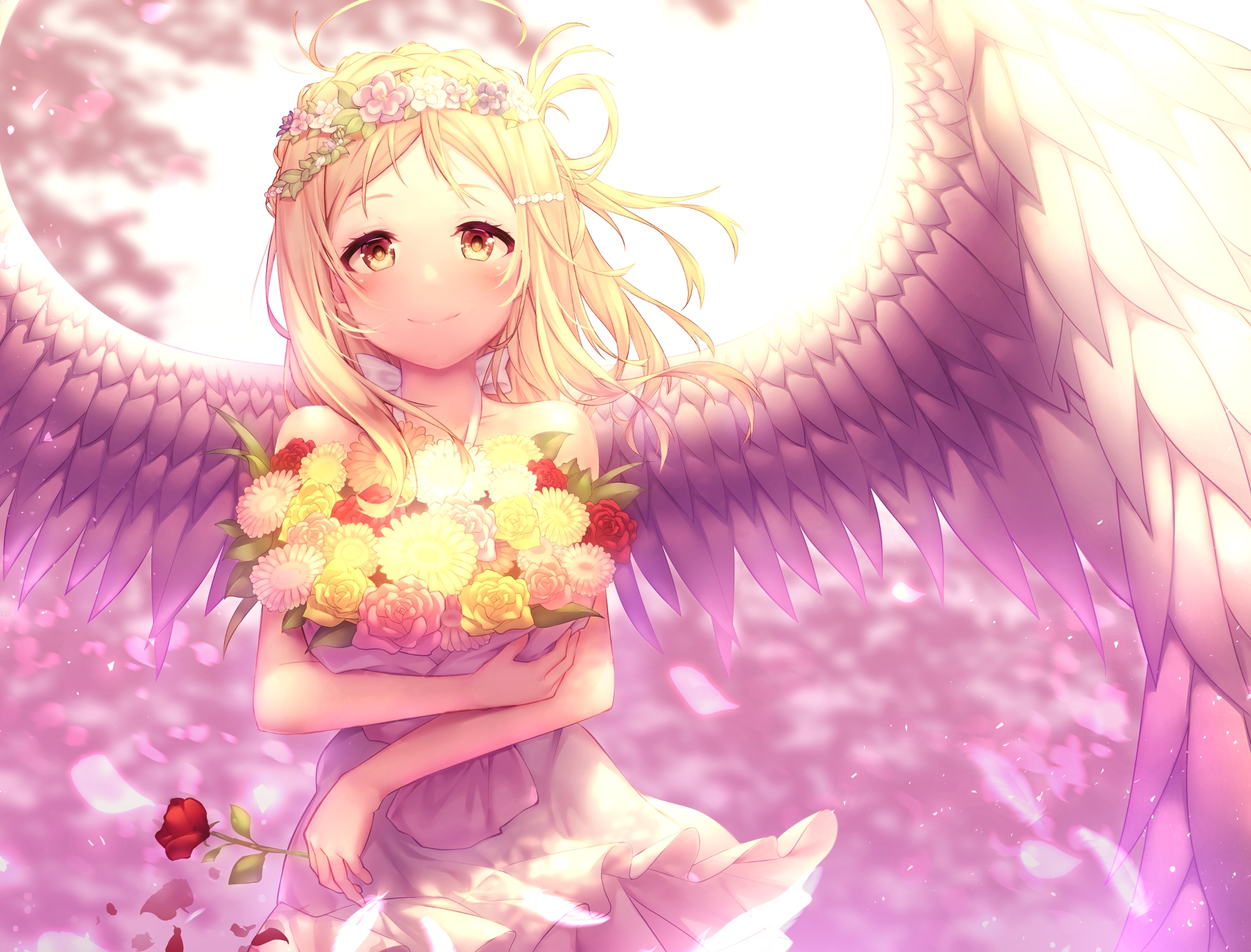 Mari Ohara Angel Holding Flowers HD Wallpaper