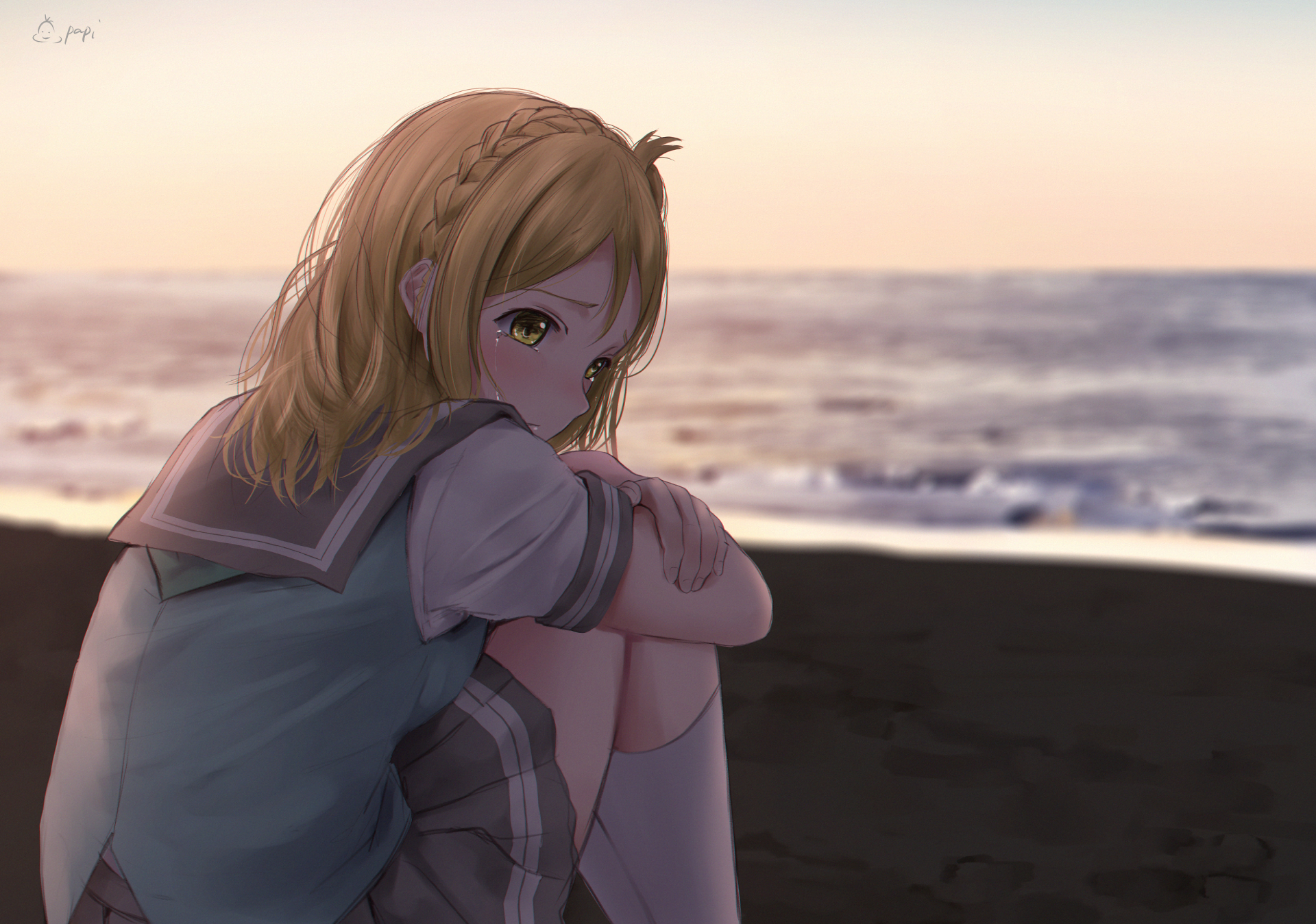 Mari Ohara crying on the beach at sunset HD Wallpaper