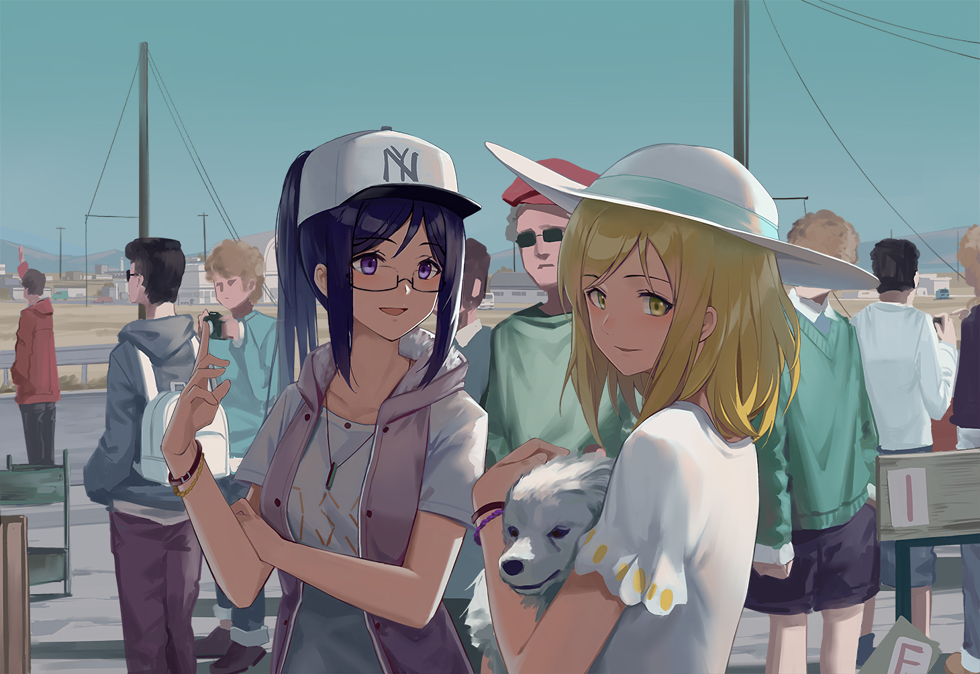 Mari Ohara with a dog and friends HD Wallpaper
