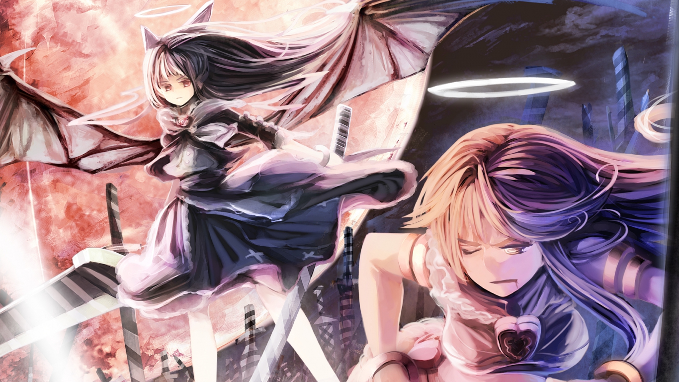 Two anime girls with wings and halos in a city HD Wallpaper