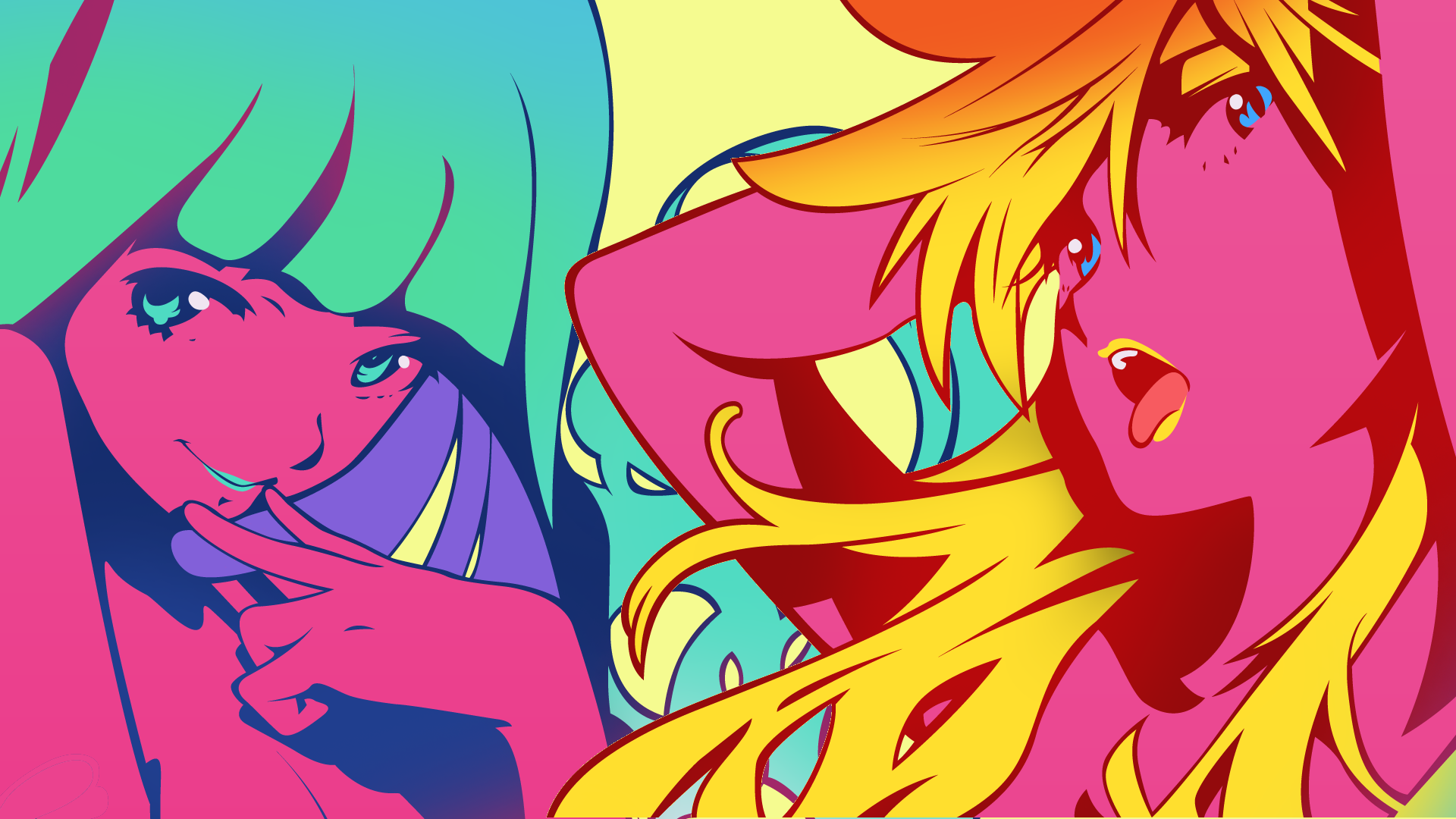 Two anime girls with colorful hair HD Wallpaper