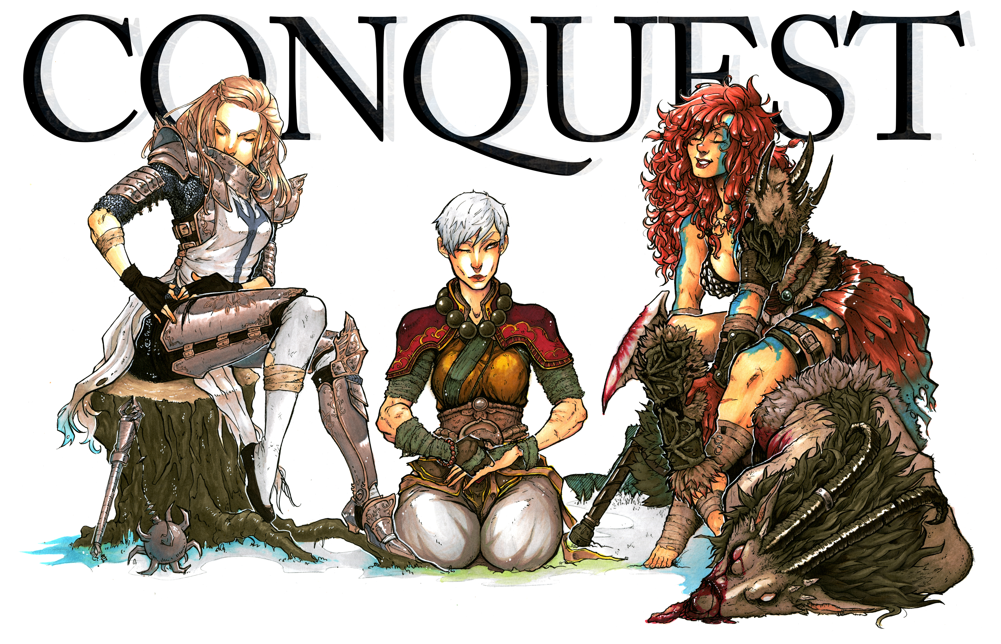 Three female warriors with the word CONQUEST HD Wallpaper