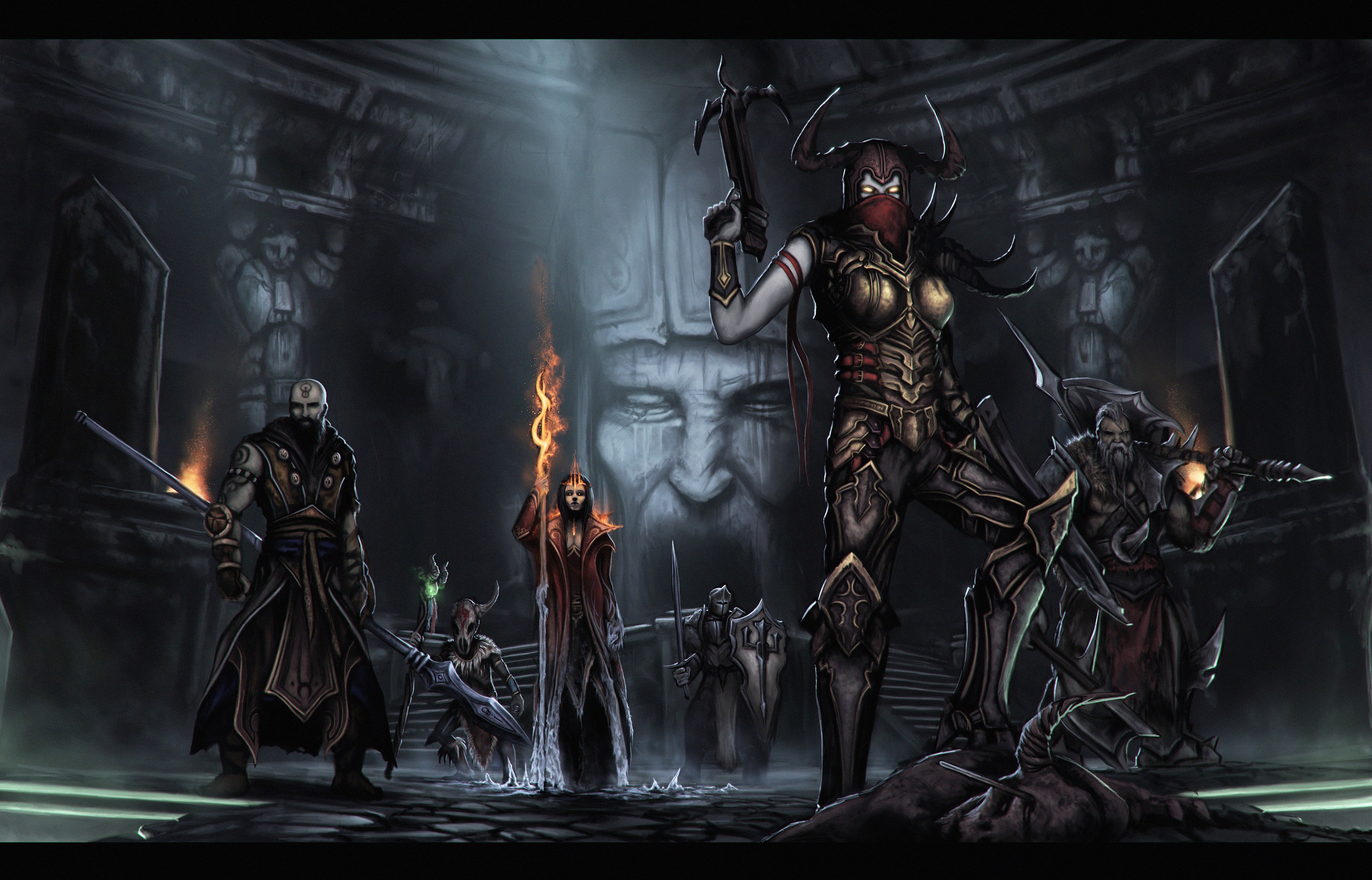 Monks from Diablo III in a dark chamber HD Wallpaper