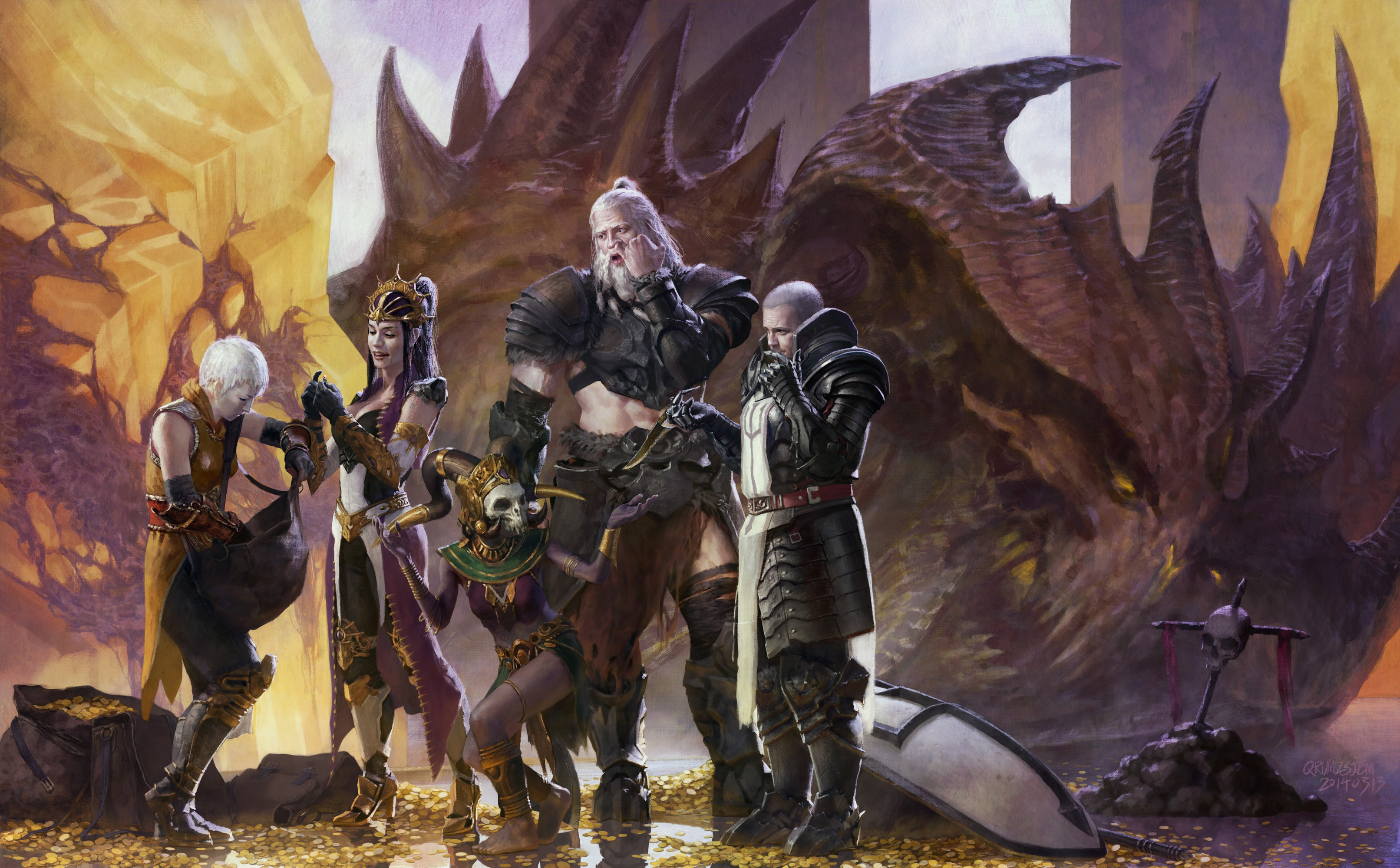Monk from Diablo III with a dragon and treasure HD Wallpaper