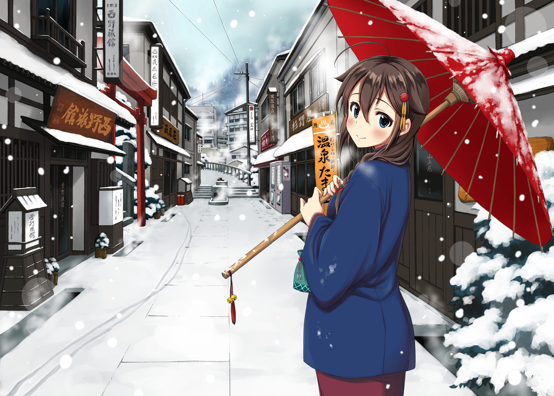 Shigure from Kancolle in a snowy Japanese town HD Wallpaper