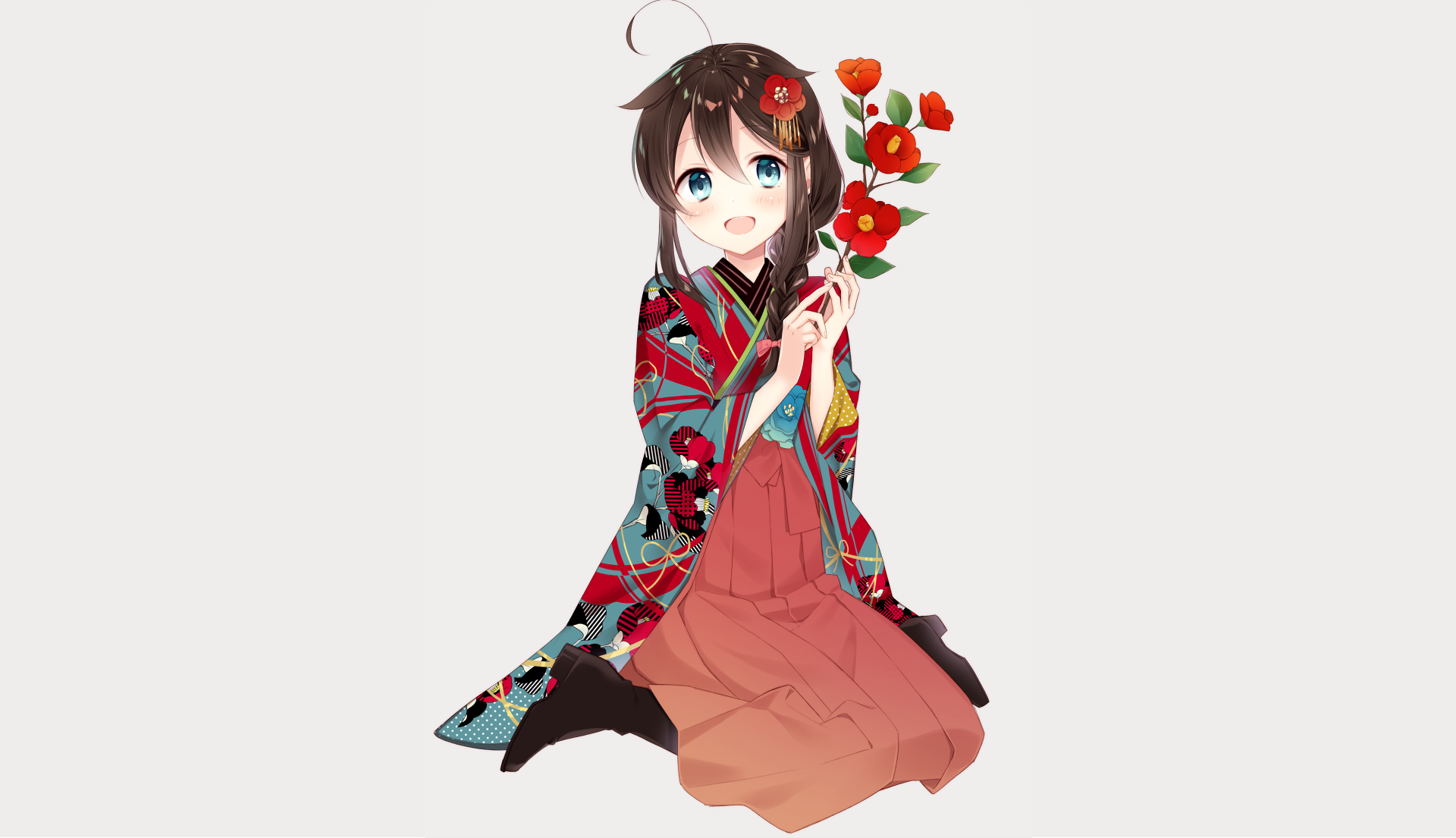 Shigure from Kancolle holding red flowers HD Wallpaper