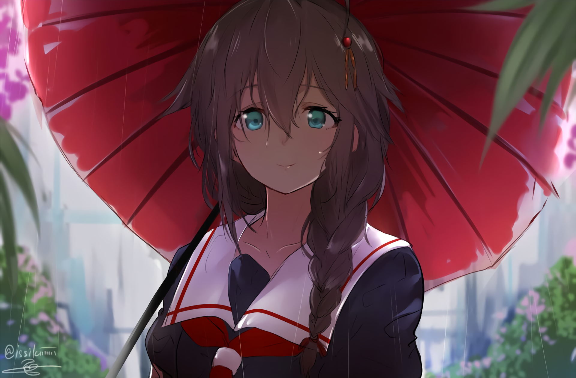 Shigure from Kancolle holding a red umbrella in the rain HD Wallpaper