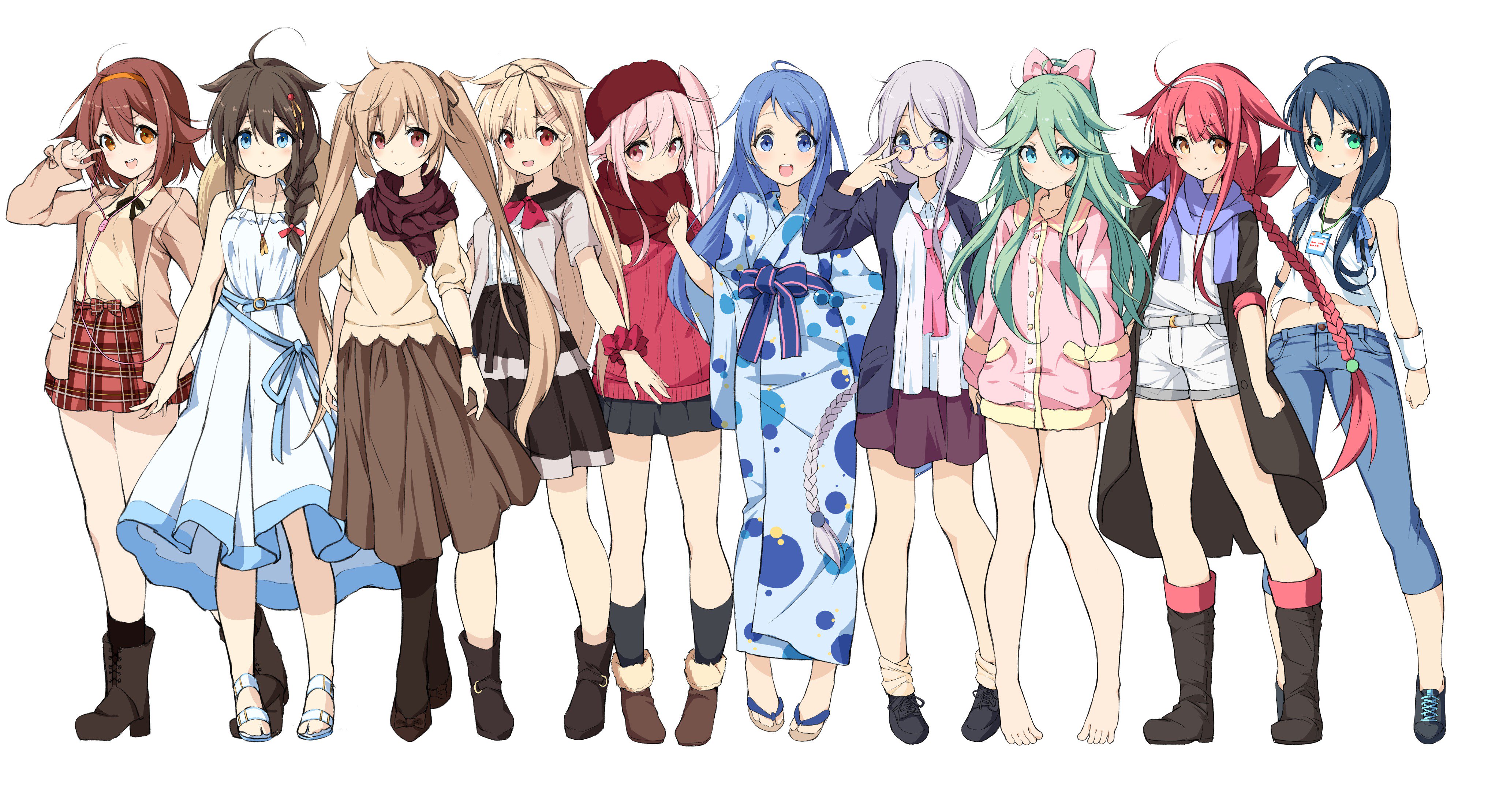 Group of anime girls in various outfits HD Wallpaper