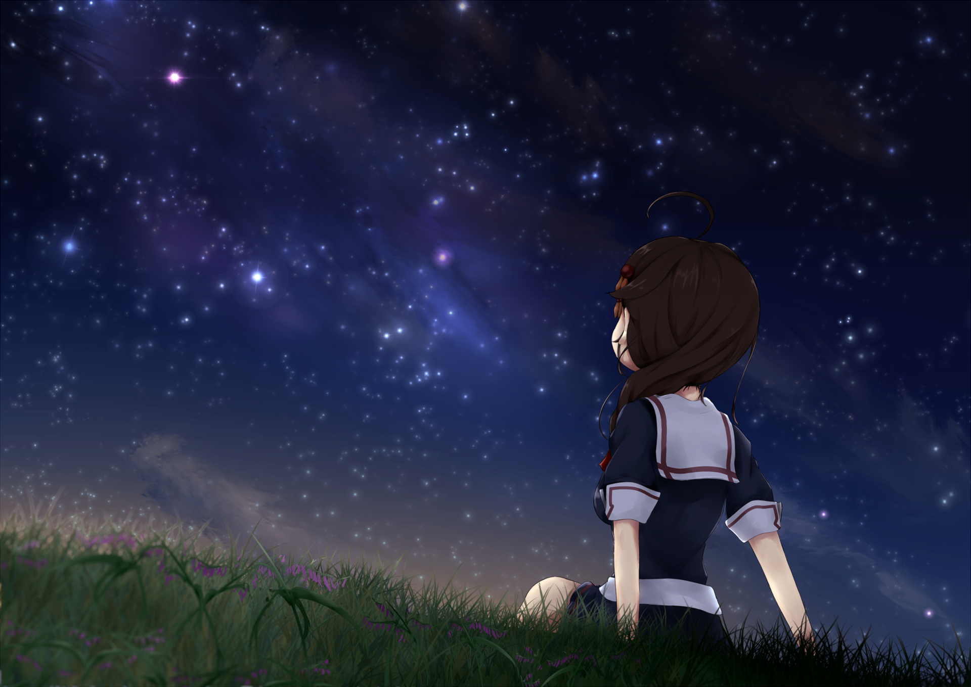 Shigure from Kancolle looking at the starry sky HD Wallpaper