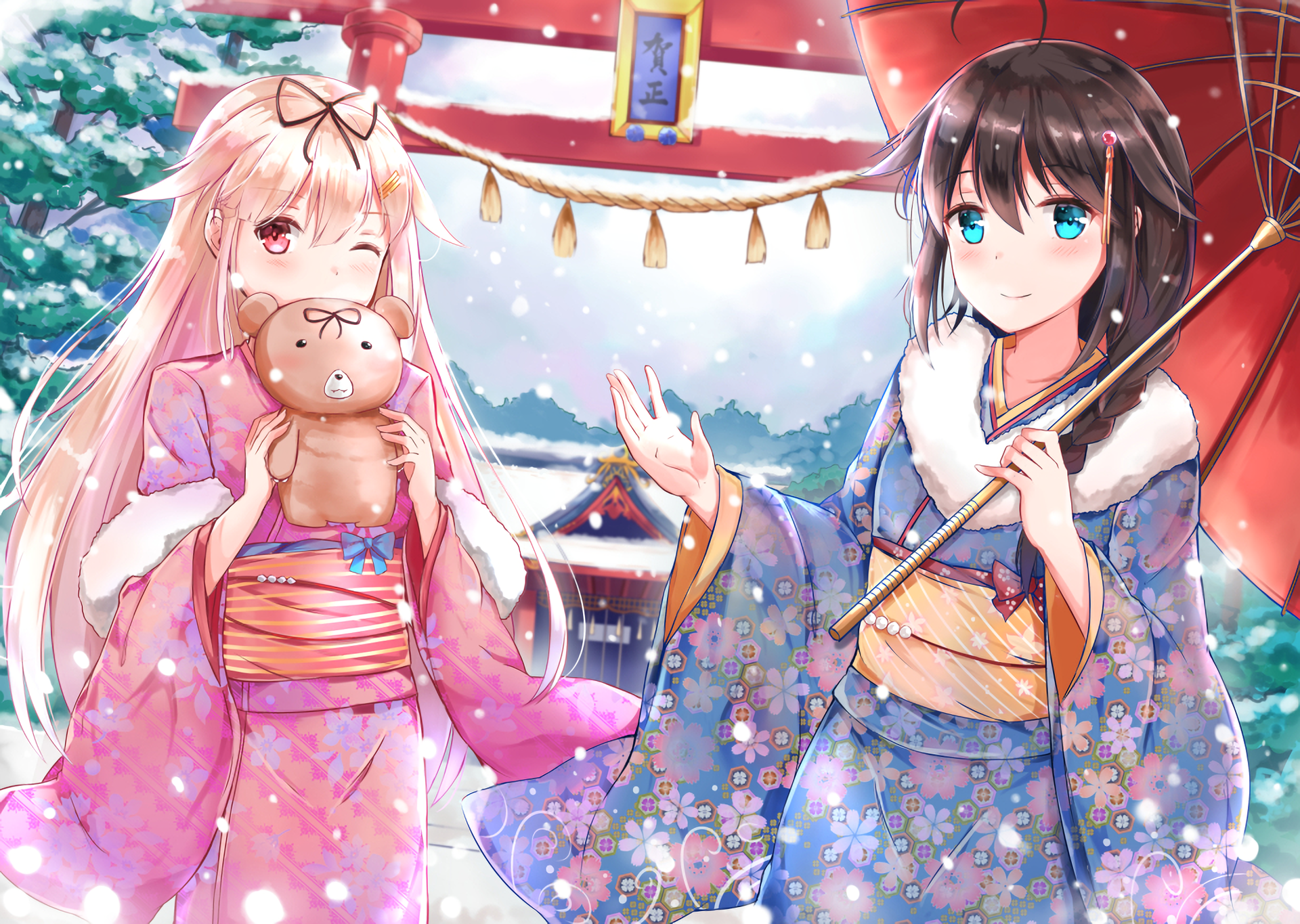 Shigure from Kancolle in winter with a teddy bear HD Wallpaper